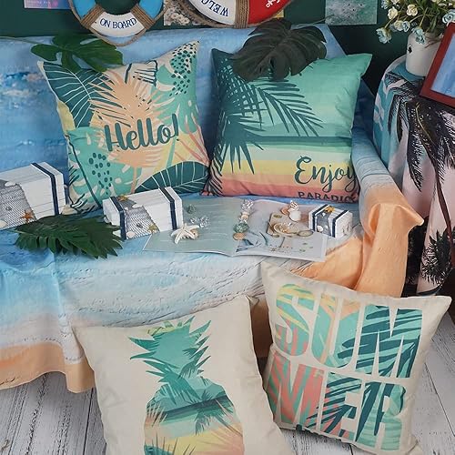 Miniatura 2 de ONWAY Juego de 4 fundas de almohada decorativas con temática de playa de 18 x 18 pulgadas, diseño de Hello Summer para decoración de fiesta de patio