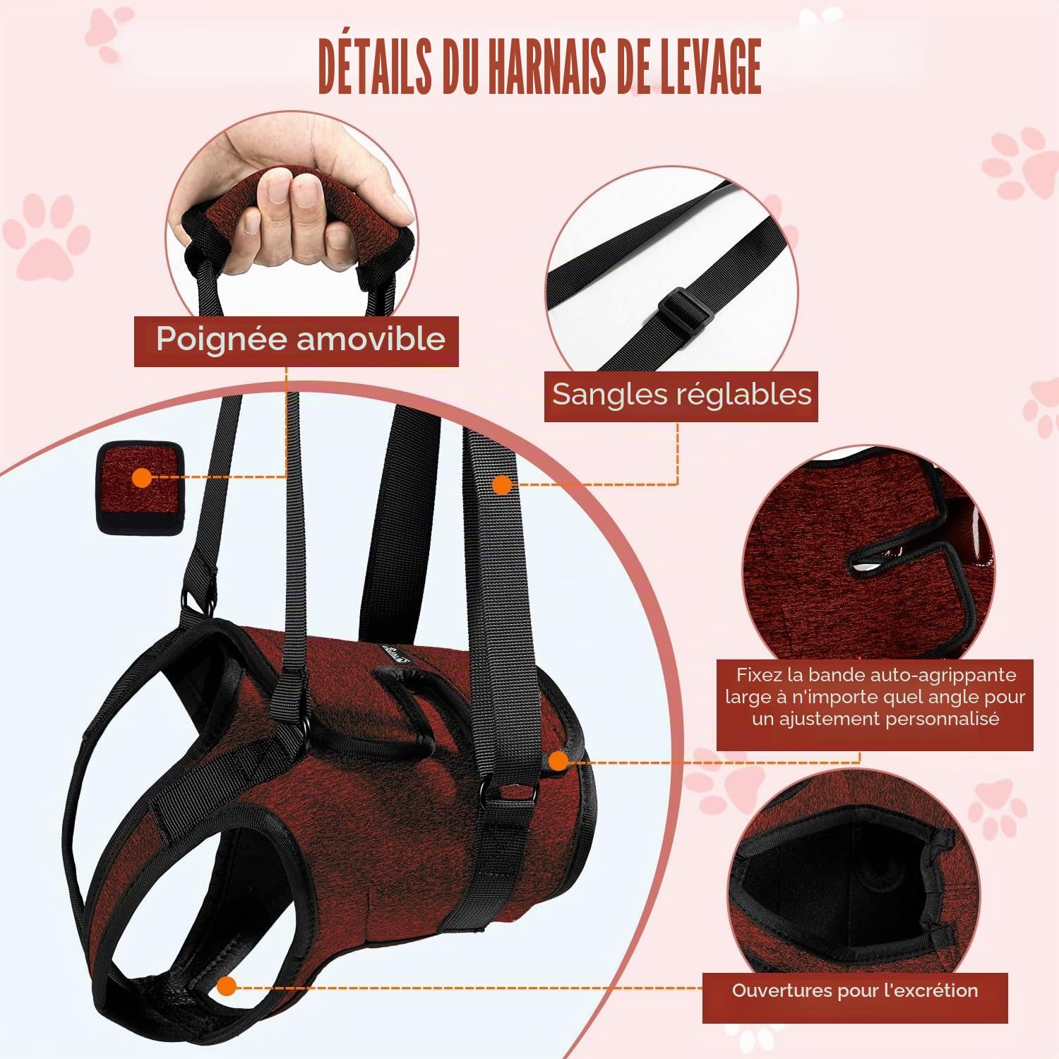 SlowTon Hind Leg Support Harness Sling pour Chiens de Taille Moyenne - Harnais de Levage de Chien réglable Confortable pour Les Personnes âgées blessées arthritiques handicapées (Rouge, XL)
