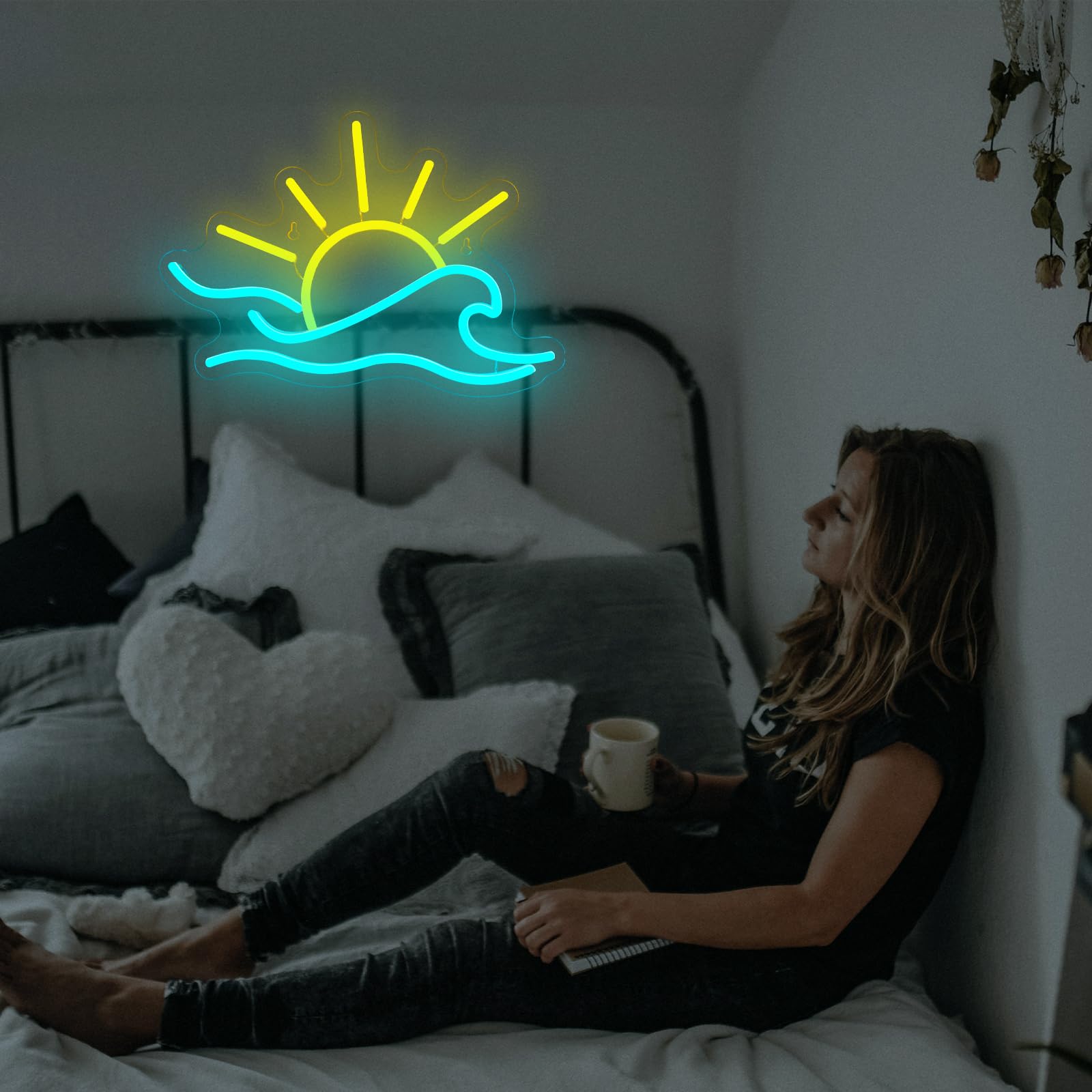 Panneau néon tropical avec lever de soleil dimmable, arbre de palme, lumière néon USB, cocotier côtier, néon LED, impression UV, mer, plage, art mural, panneaux lumineux pour la maison, bar, fête sur