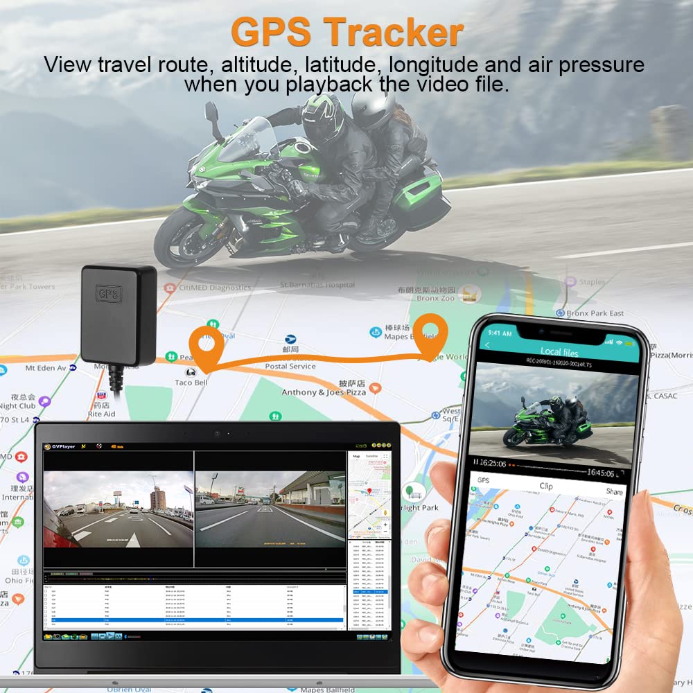VSYSTO Enregistreur de Moto avec Trois Capteurs de Pression des Pneus Double Caméra Avant et Arrière 1080P Écran de 4,0 Pouces Wi-FI GPS WDR Étanche (6 Couches de Verre + 150° Grand Angle)
