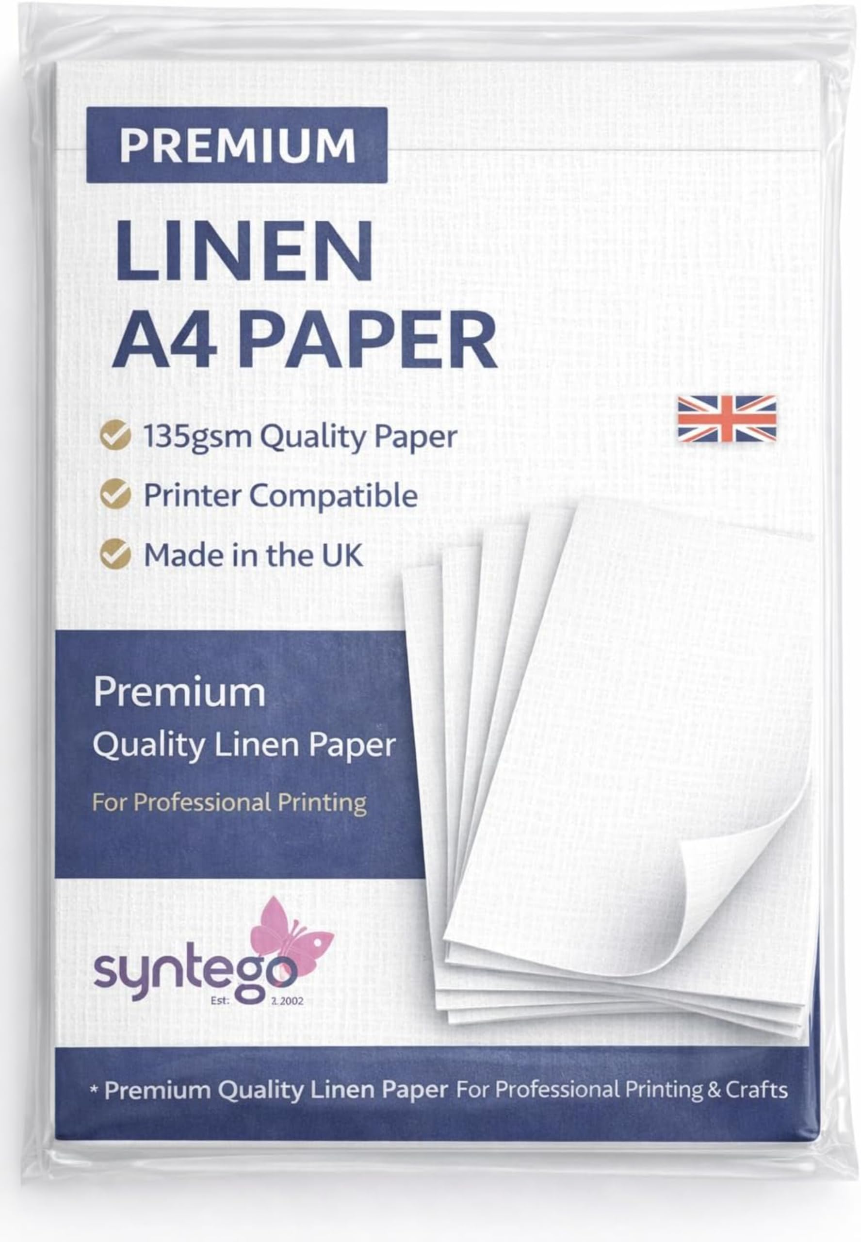 Syntego A4 Linen Paper 135gsm – Recycled Silkweave Textured Printer Paper for Schools, Certificates, Invitations, Crafts & Restaurant Menus (500, White)