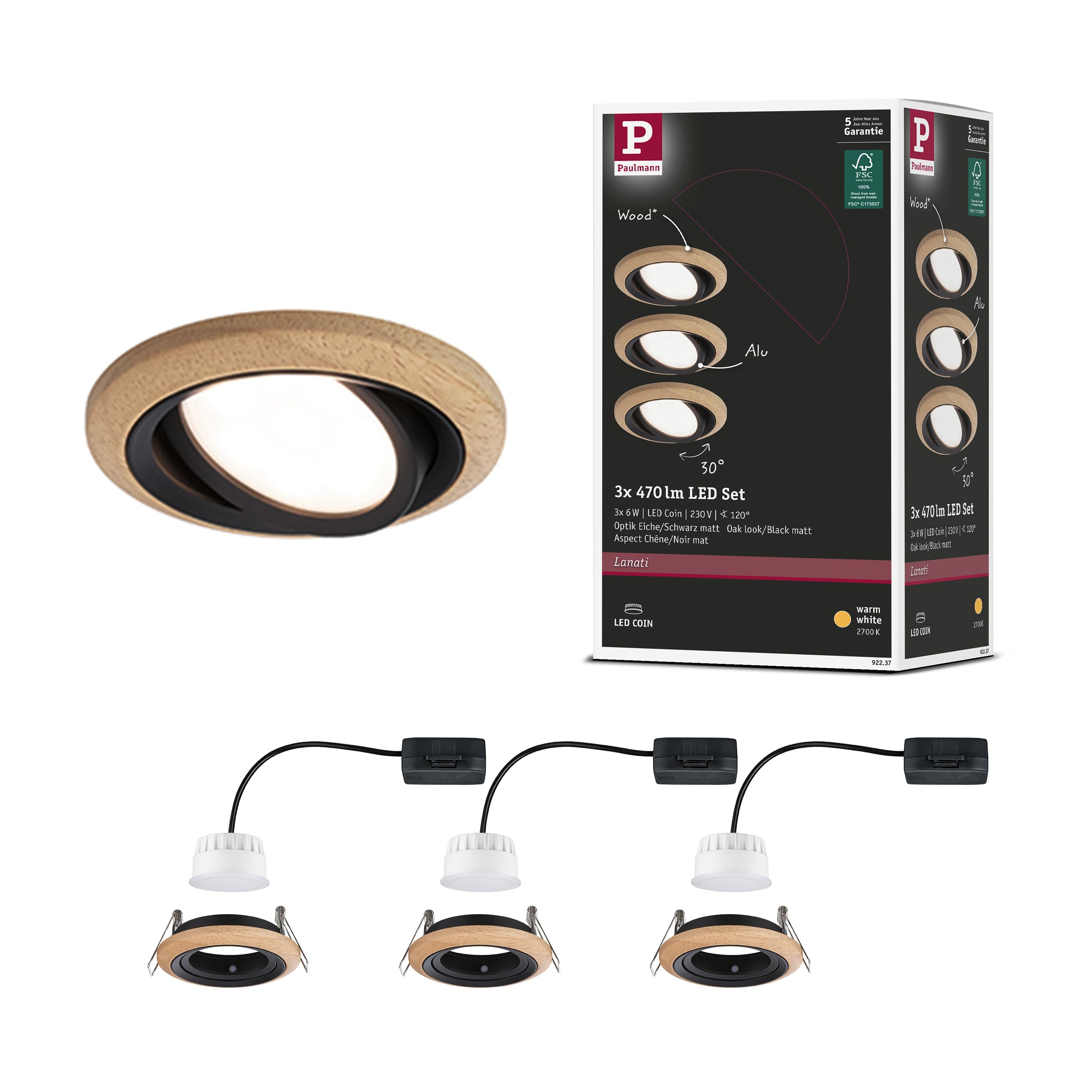 Paulmann Set Lanati Coin RL Swivel LED 3x6W 470lm 230V Wood Black matt 92237
