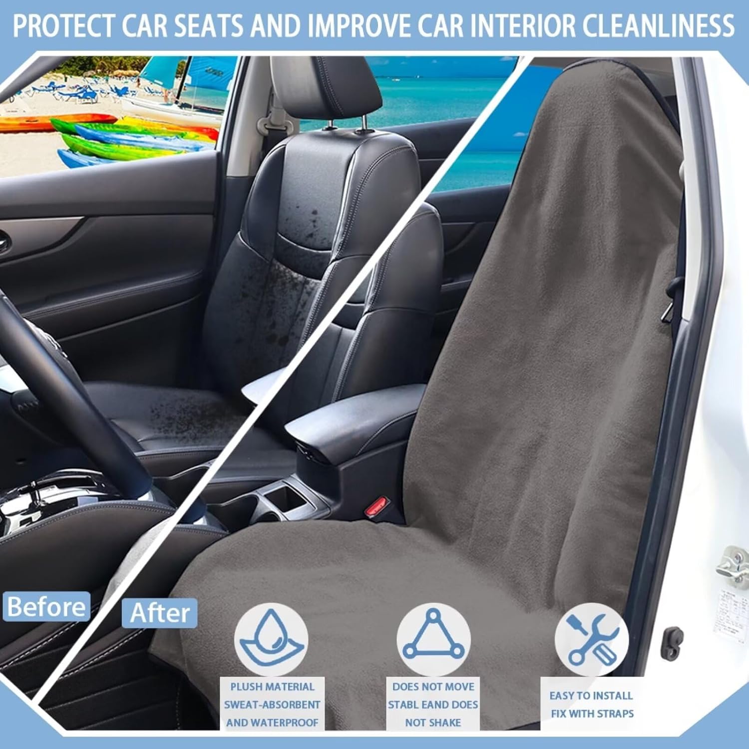 Front Car Seat Cover — Sweat-Absorbent & Waterproof Towel Material, Suitable for Gym Workouts, Running, Swimming, Beach and Hiking Activities, Fits Cars, SUVs, Trucks (Classic Gray, 2 Pcs)