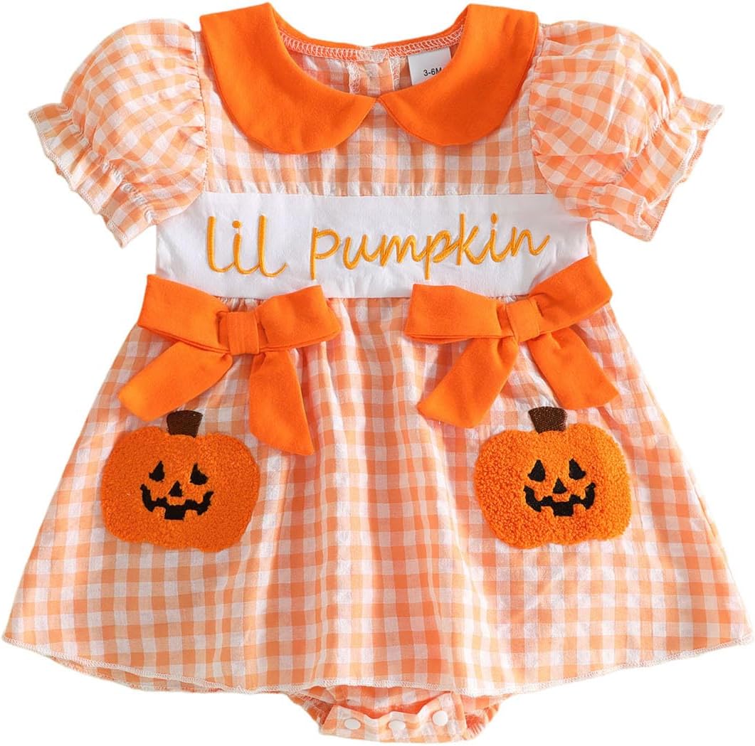 Big Little Sister Matching Outfits Summer Short Puff Sleeve Peter Pan Collar Bow Embroidery Plaid Romper/Dress