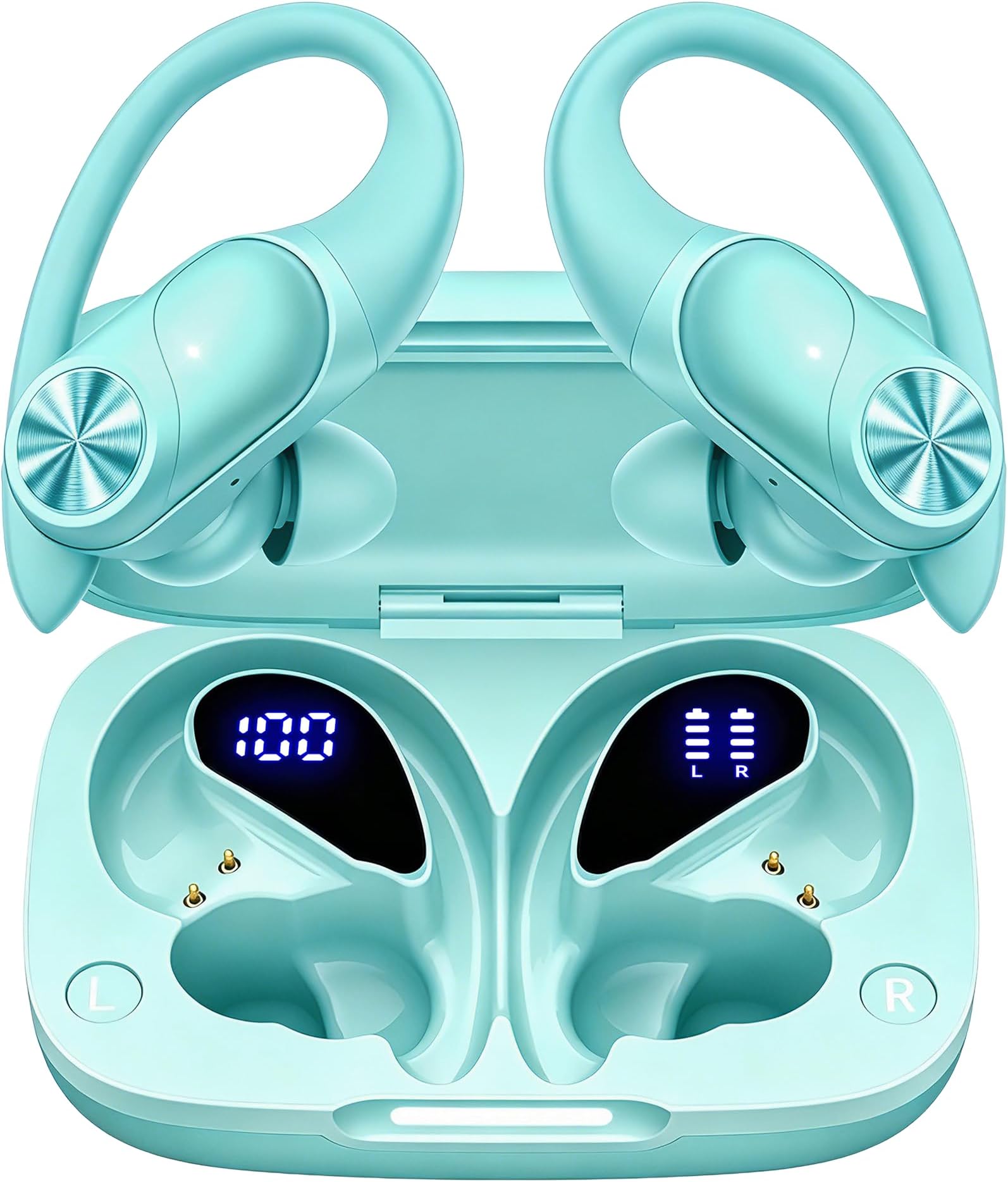 PocBuds Bluetooth Headphones Wireless Earbuds 80hrs Playtime Wireless Charging Case Digital Display Sport Ear buds with Earhook Deep Bass IPX7 Waterproof Over-Ear Earphones for Phone Laptop Mint Green