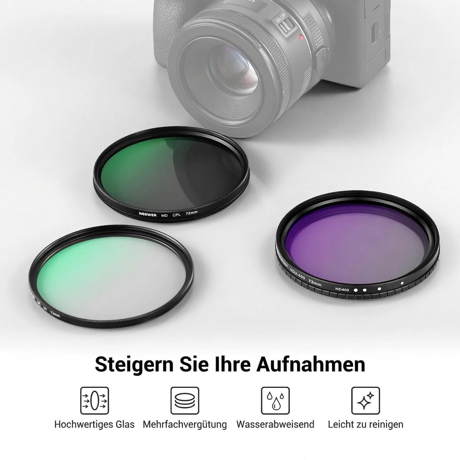 NEEWER 72mm variables ND + CPL + UV Filter Set, 3er Pack, mehrfachvergüteter Graufilter (ND2-400) zirkularer Polarisationsfilter Kamera Objektiv Polfilter, Foto Zubehör mit Tragetasche Objektivdeckeln
