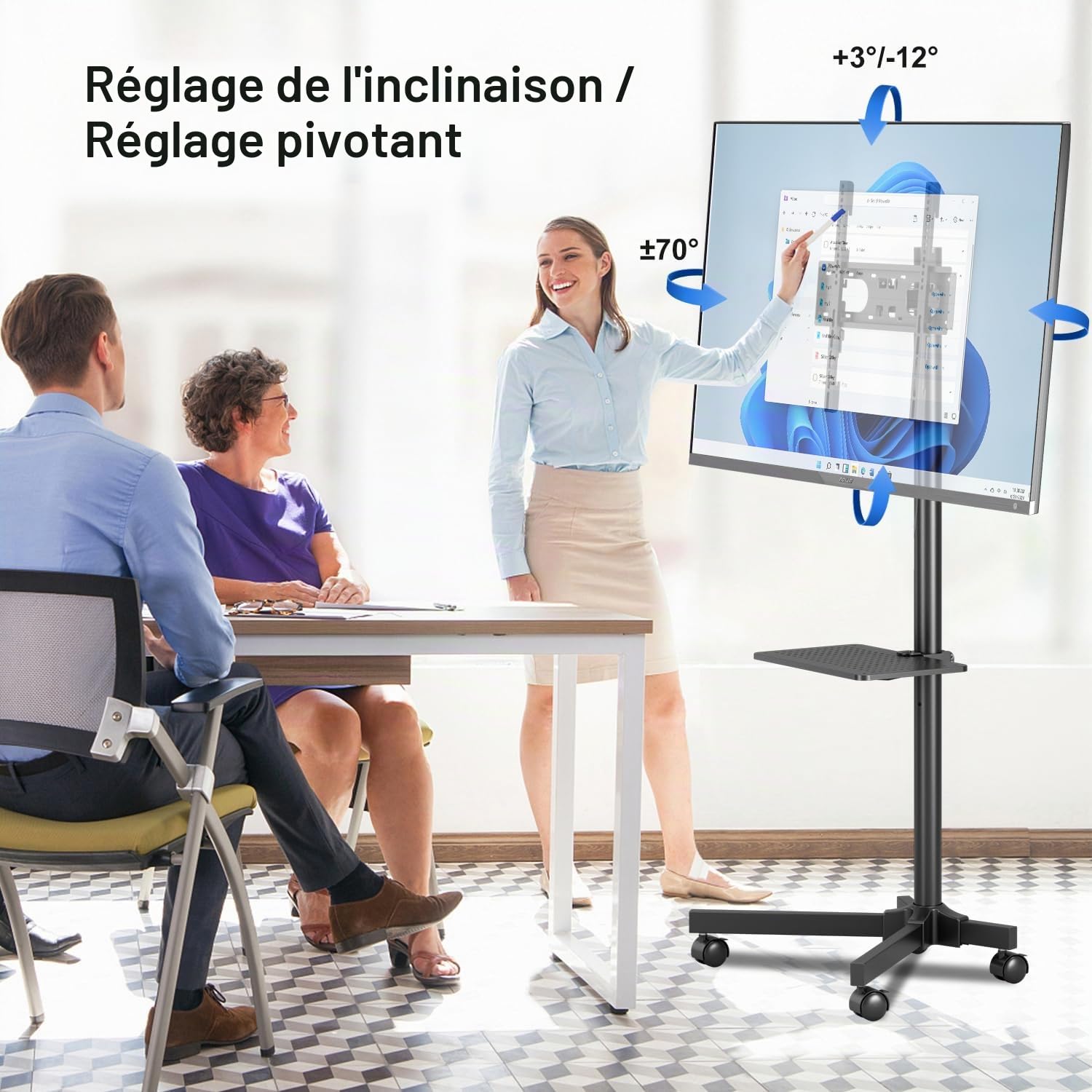 suptek Chariot TV Mobile sur roulettes pour Bureau, Home Cinéma| Support 21-60 Pouces avec Plateau, Réglable en Hauteur (1235 mm) & Inclinaison +3°/-12° | Charge 35 kg, VESA Max 400x400 mm ML55B