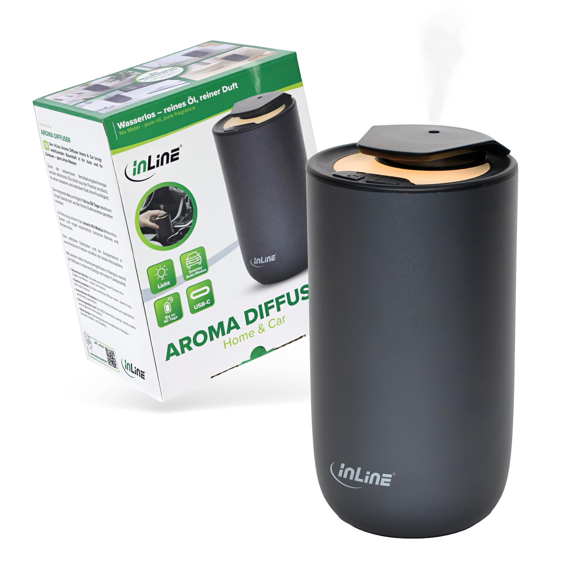 Inline Aroma Diffuser für Auto & Zuhause, wasserlos, mit Ambientelicht, Akku, Aluminiumgehäuse, titangrau, für ätherische Öle, Lufterfrischer, 40141, Anthrazit