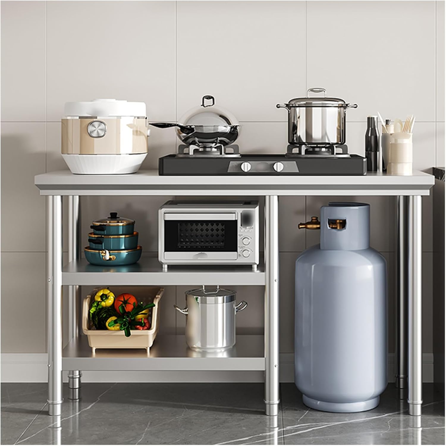 3-Tier Multifunctional Stainless Steel Table 325kg Load Thicker Column Thickened Layer Plate Triangular Reinforcement Adjustable Tables Feet