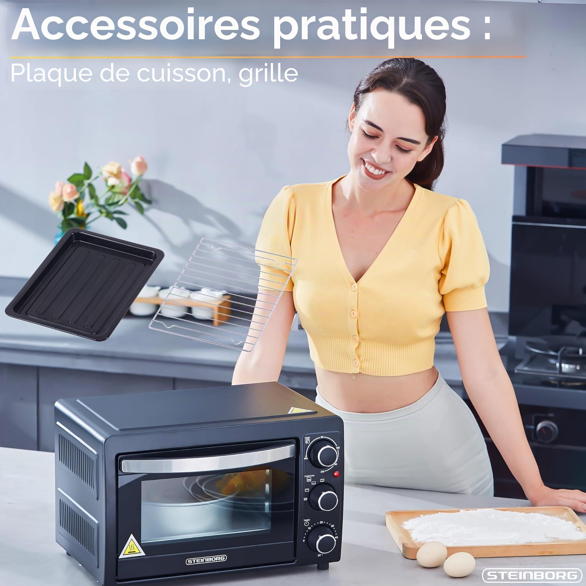 STEInBORG Mini four à pizza, 15 l, 3 en 1, mini four, plaque ramasse-miettes, chaleur de voûte et de sole, économe en énergie, minuterie 60 min