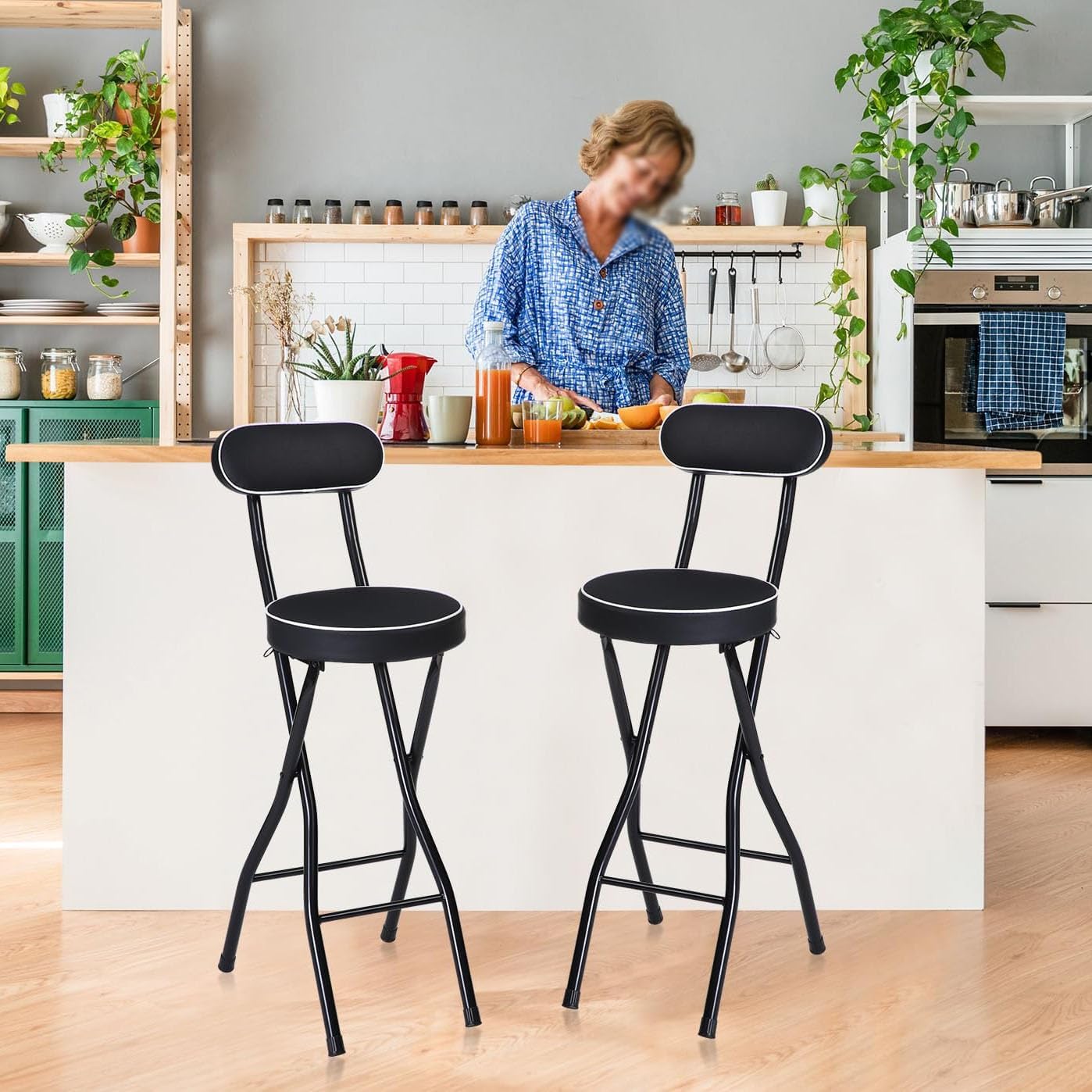 Taburete de Bar Redondo Acolchado y Plegable 70cm/75cm, Silla Alta para Adultos con Respaldo, Silla de Cocina Desayuno Plegable y portátil (75cm/30in)