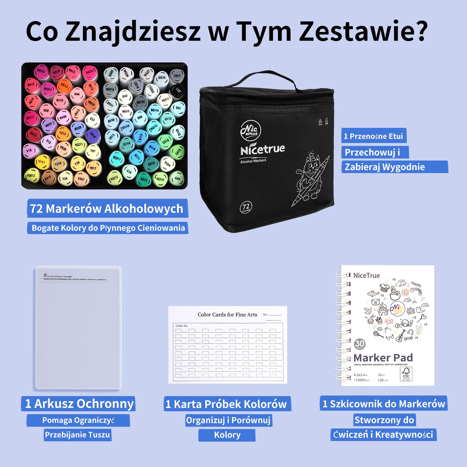 Markery Alkoholowe 72 Kolorów Pędzel i Dłuto do Rysowania | Szybkoschnący tusz, płynne blendowanie, wymienne końcówki i możliwość uzupełniania tuszu