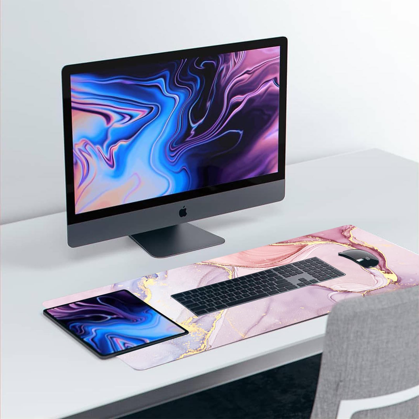 Tapis de Souris Marbre 80x30cm Antidérapant sous-Main Bureau Protection Rose