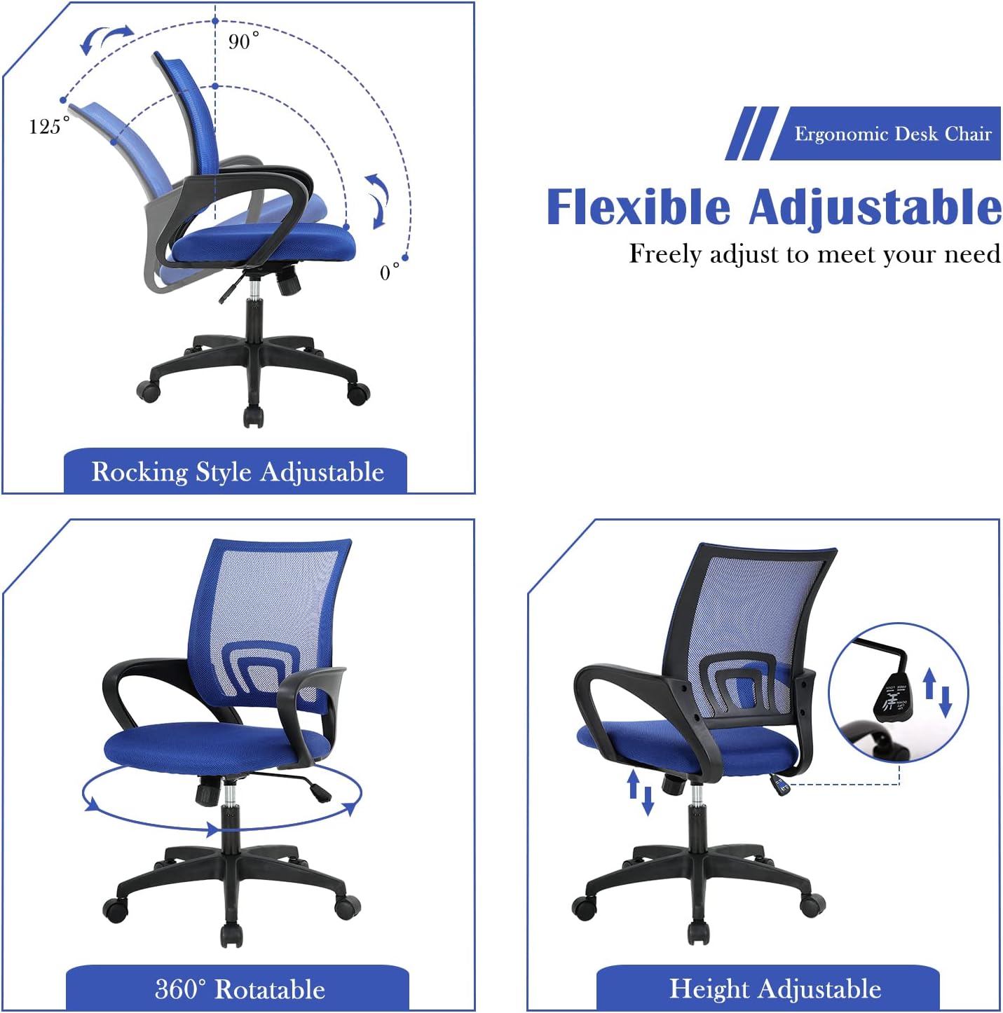 MKDLUFEI Office Chair, Adjustable Ergonomic Computer Task with Lumbar Support Mid Back Mesh Task with Backrest for Home Office Work Student, Adults, Blue