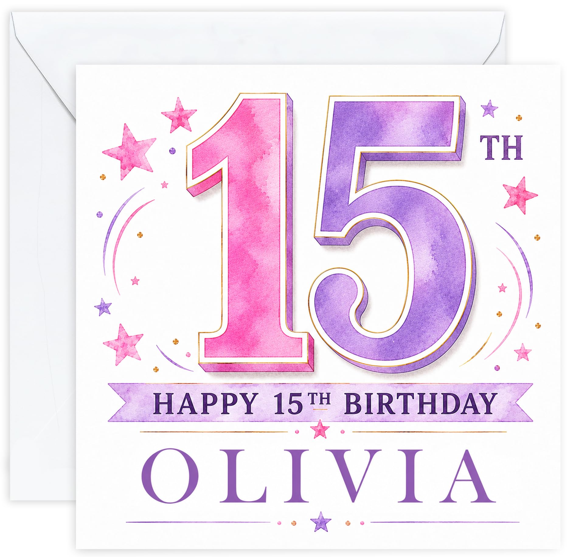 Personalised 15th Birthday Card for Girls | Fifteenth Birthday Card for 15 Year Old Girls Teenager | Daughter Granddaughter Niece Sister Friend | Birthday Card for Her with Name (Design 02)