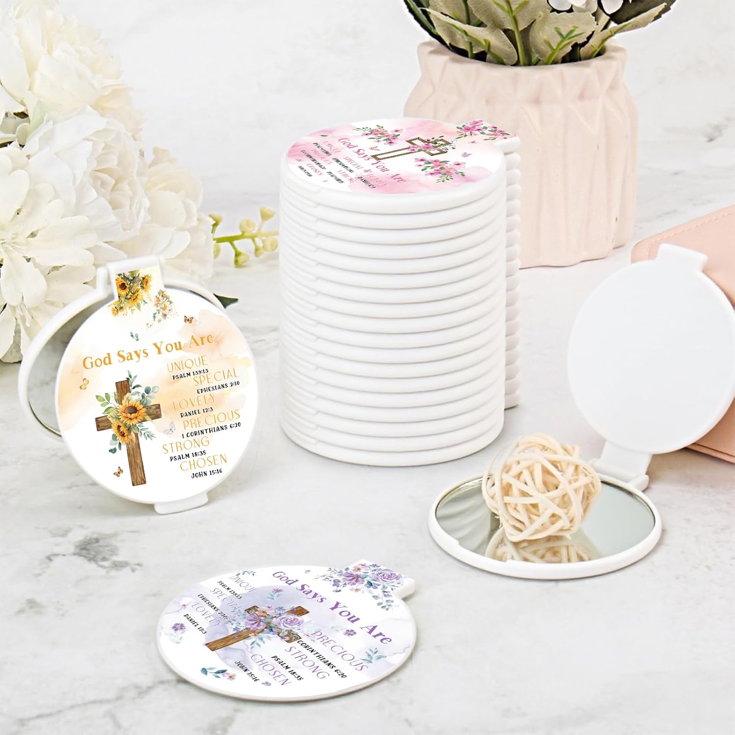 100 Pcs Christian Gifts Compact Mirror Bulk Bible Verse Folding Compact Mirrors Inspirational Small Pocket Purse Makeup Mirror God Says You Are Gifts for Women Valentine's Day Church Party Favors - Image 4