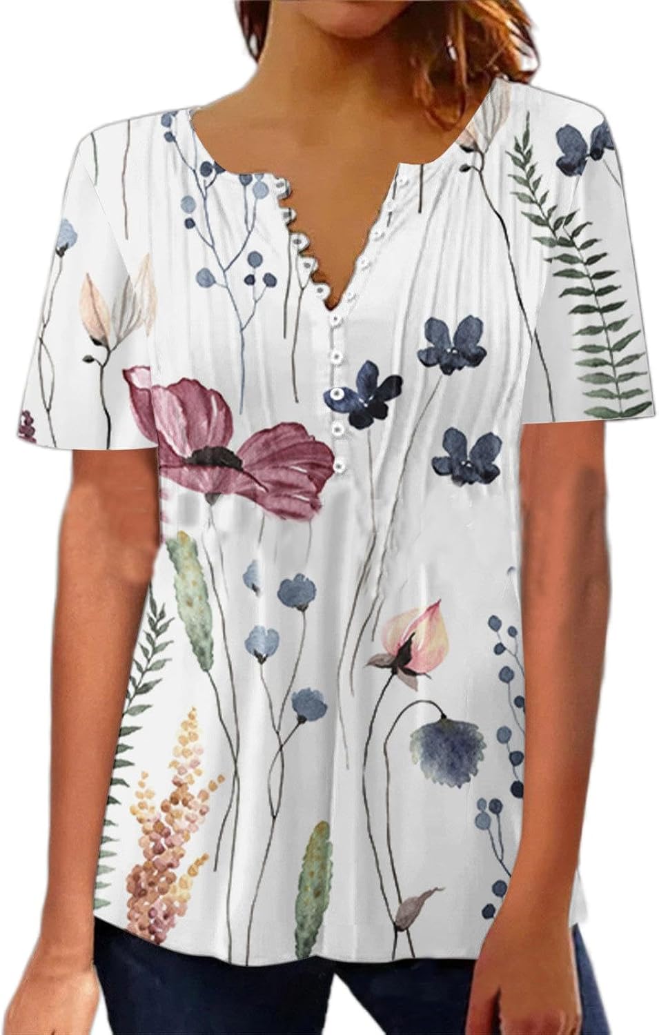 2023 New Womens Floral Short Sleeve Button V Neck Shirts Vintage Casual Blouse Ethnic Print Summer Tunic Top Loose