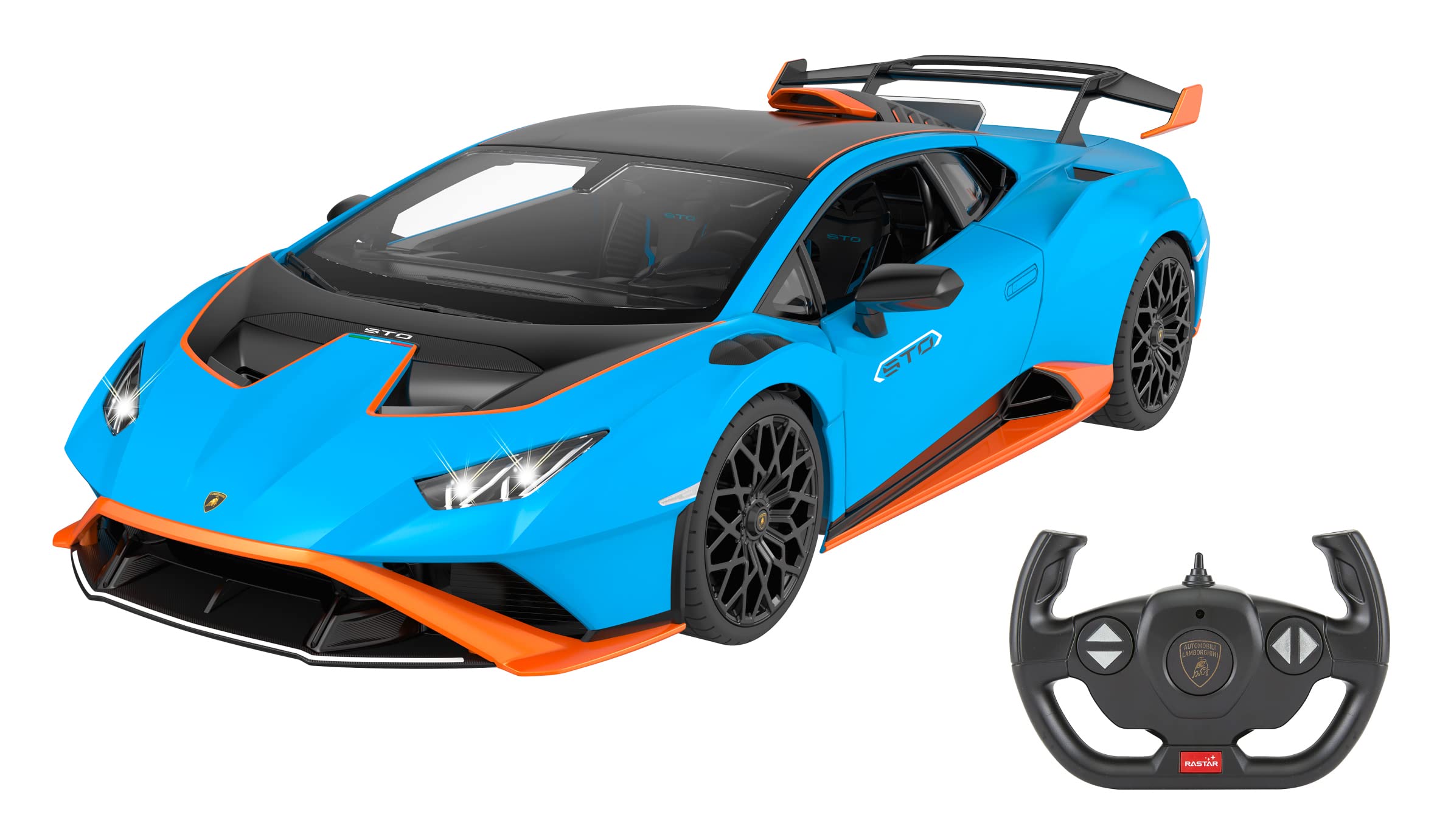 JAMARA Lamborghini Huracán STO 1:14 2,4 GHz - oficjalnie licencjonowany, ok. 1 godzina jazdy, ok. 11 km/h, idealnie odtworzone szczegóły, szczegółowe wnętrze, światło LED, 402100, niebieski