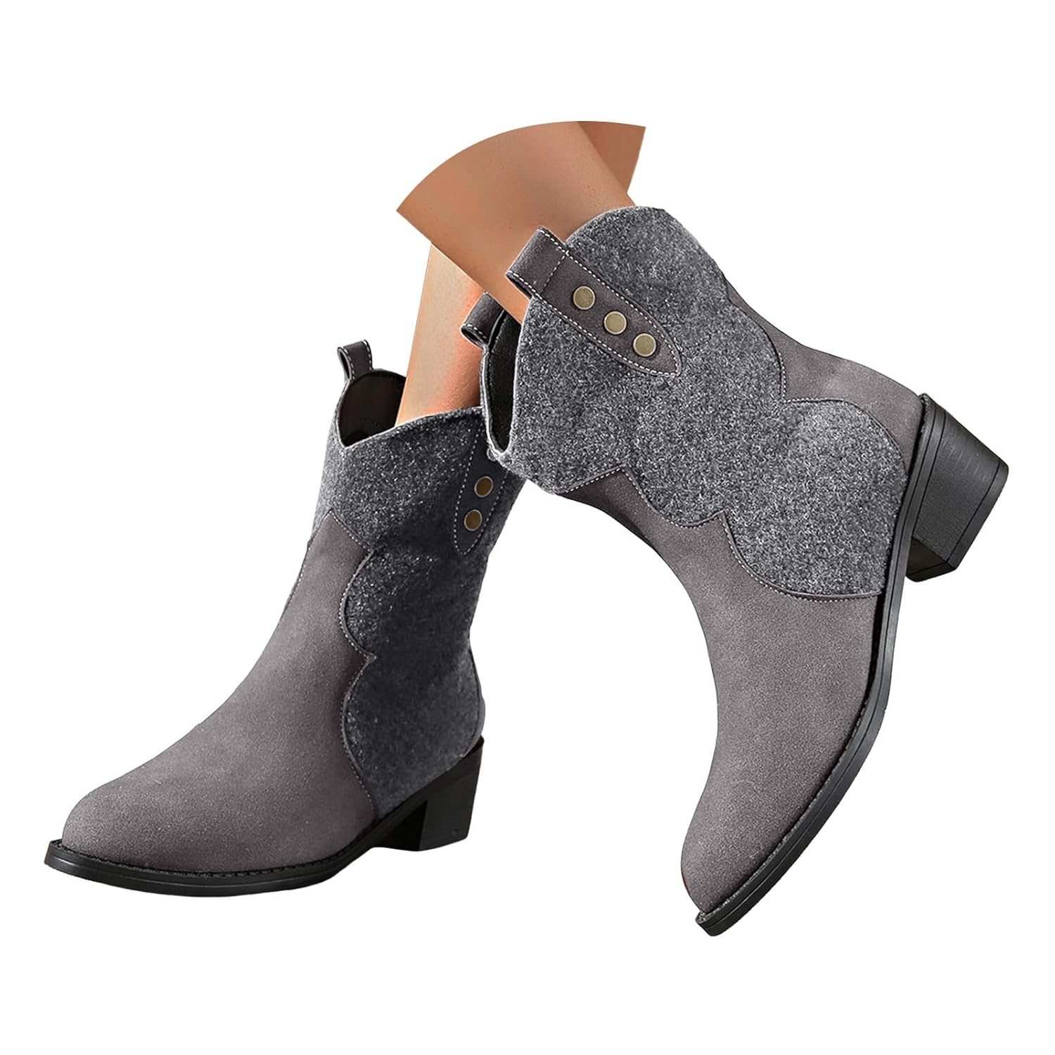 Women Cowboy Mid Calf Boots Western Cowgirl Wide Calf Splicing Suede Chunky Block Mid Heels Round Toe Pull