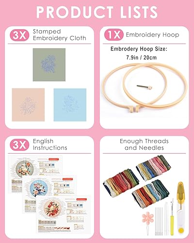 Miniatura 9 de TINDTOP Juego de 3 juegos de práctica de puntadas de bordado, kit de bordado de flores de mariposa para principiantes, incluye aros de tela, hilos