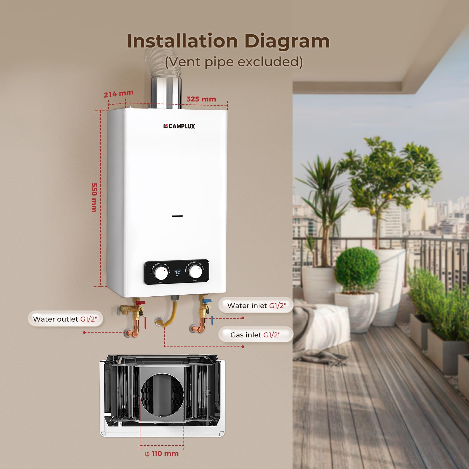 CAMPLUX Calentador de agua a gas de 11 l/min doméstico bajo NOx/ErP, ducha interior de gas natural, para hogar/balcón, BD300CTNG