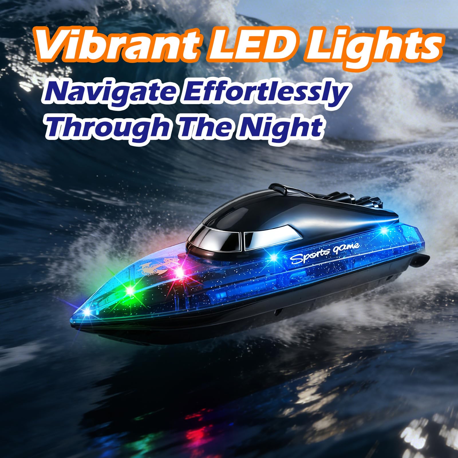 Bateau Télécommandé Autonomie 100min, 2.4GHz Grande Vitesse Bateau RC Anti-basculement avec Lumière LED Piles Rechargeables Lac Piscine étang Rivière RC Boat pour Enfants