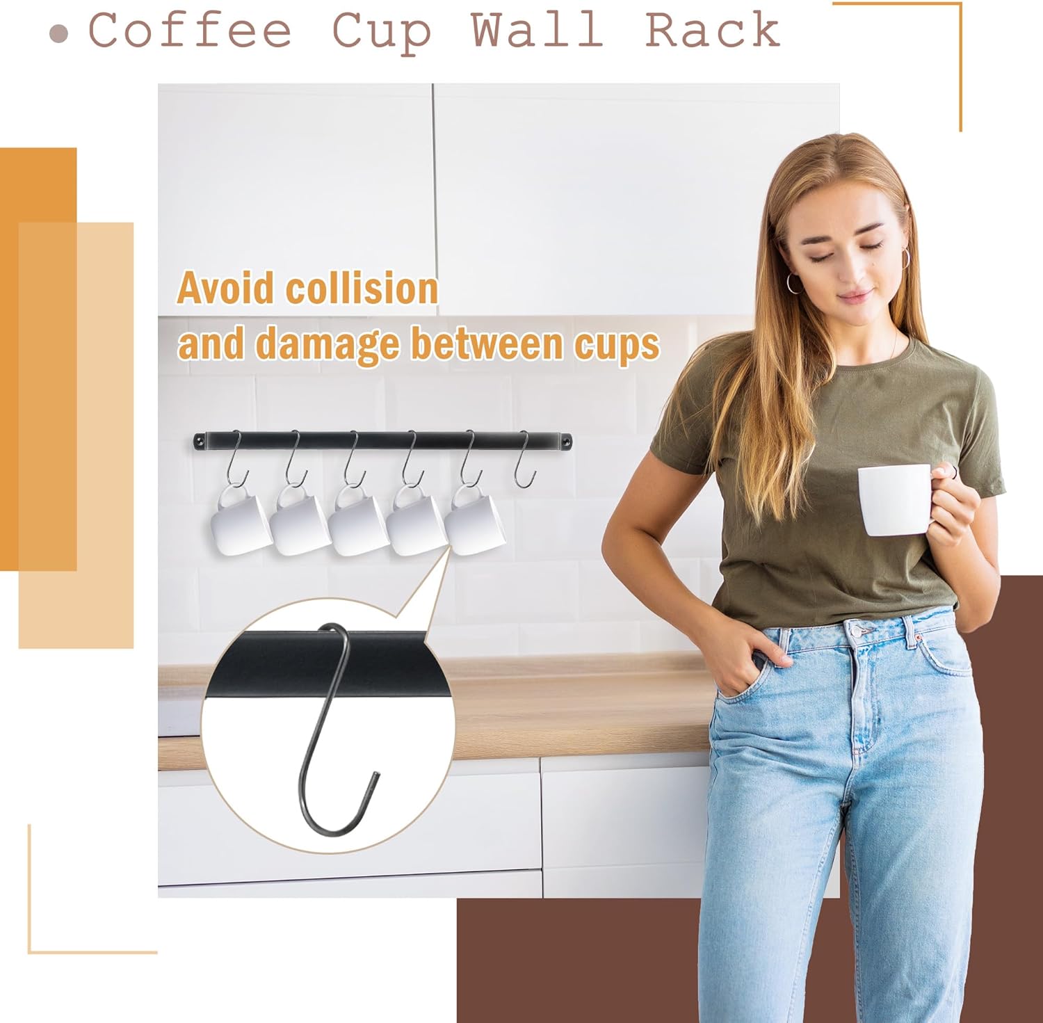 AJART 12 Hooks Coffee Cup Rack - 17 inch Wall Mounted Cup Rack - Perfect for Coffee Bars and Apartment Kitchens