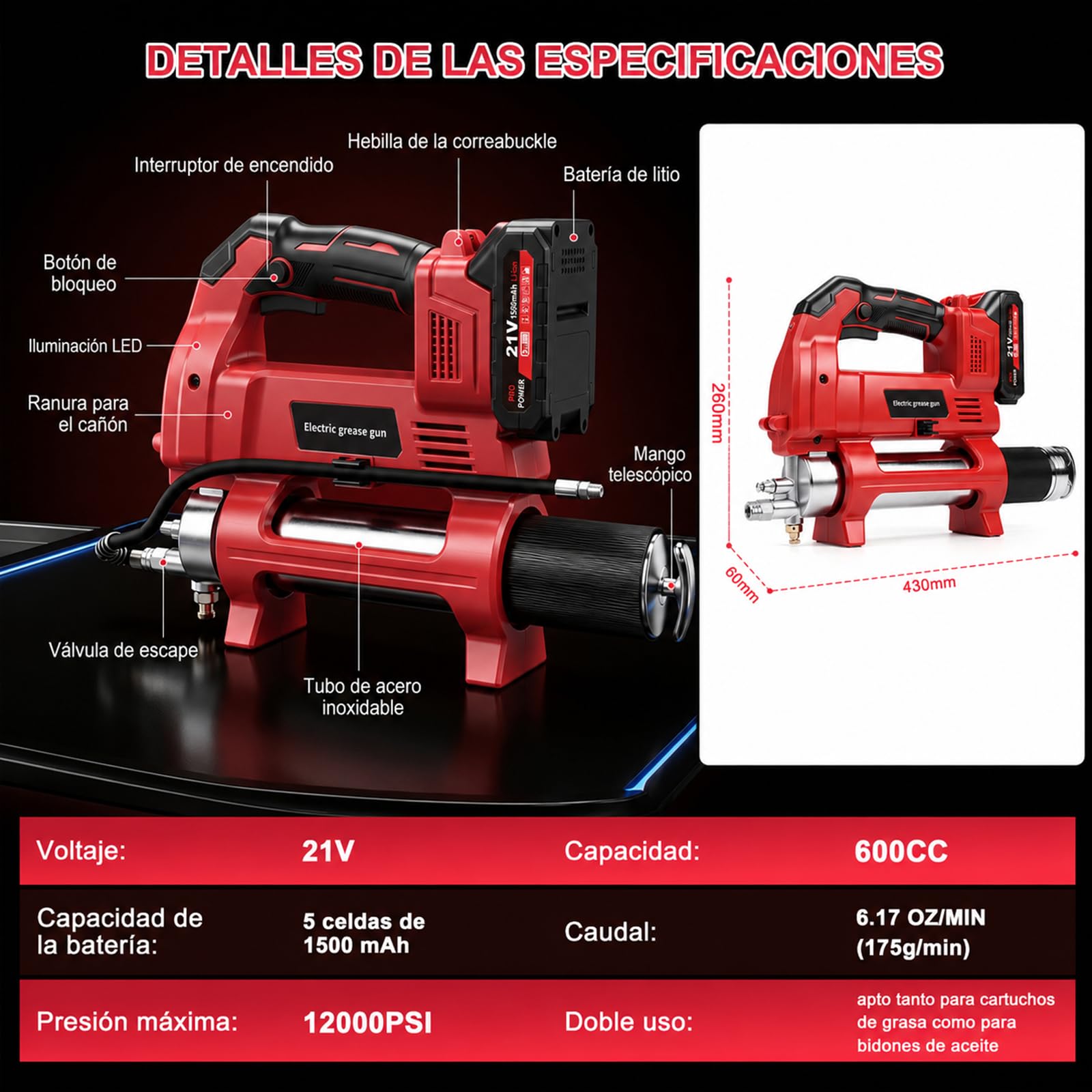 12000PSI Engrasadora Batería, con 2xBaterías 1500mAh, Motor Brushless | 3 Velocidades, Manguera de 1m y Luz LED, Kit de Pistola de Engrasar Eléctrica para Equipos Pesados