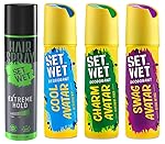 Set Wet Deodorant Spray Perfume for Men, 150ml (Cool, Charm and Swag Avatar Pack of 3) & Set Wet Hair Spray for Men Extreme Hold 200ml