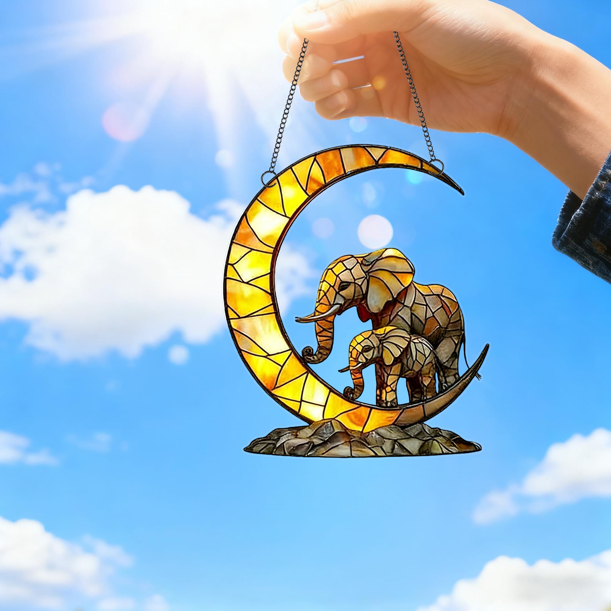 Crescent Moon Mother and Baby Elephant Acrylic Suncatcher with Hanging Chain, Warm Mosaic Window Decor for Home, Patio, Garden,Ideal Present for Family, Housewarming, Baby Shower/YX-42 — view 4