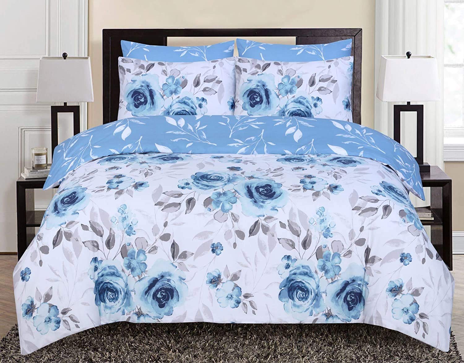 Indus Textiles Duvet Cover Set - 100% Soft Cotton Floral Pattern Reversible Duver Cover With Pillowcases - Roses Blue - Super King