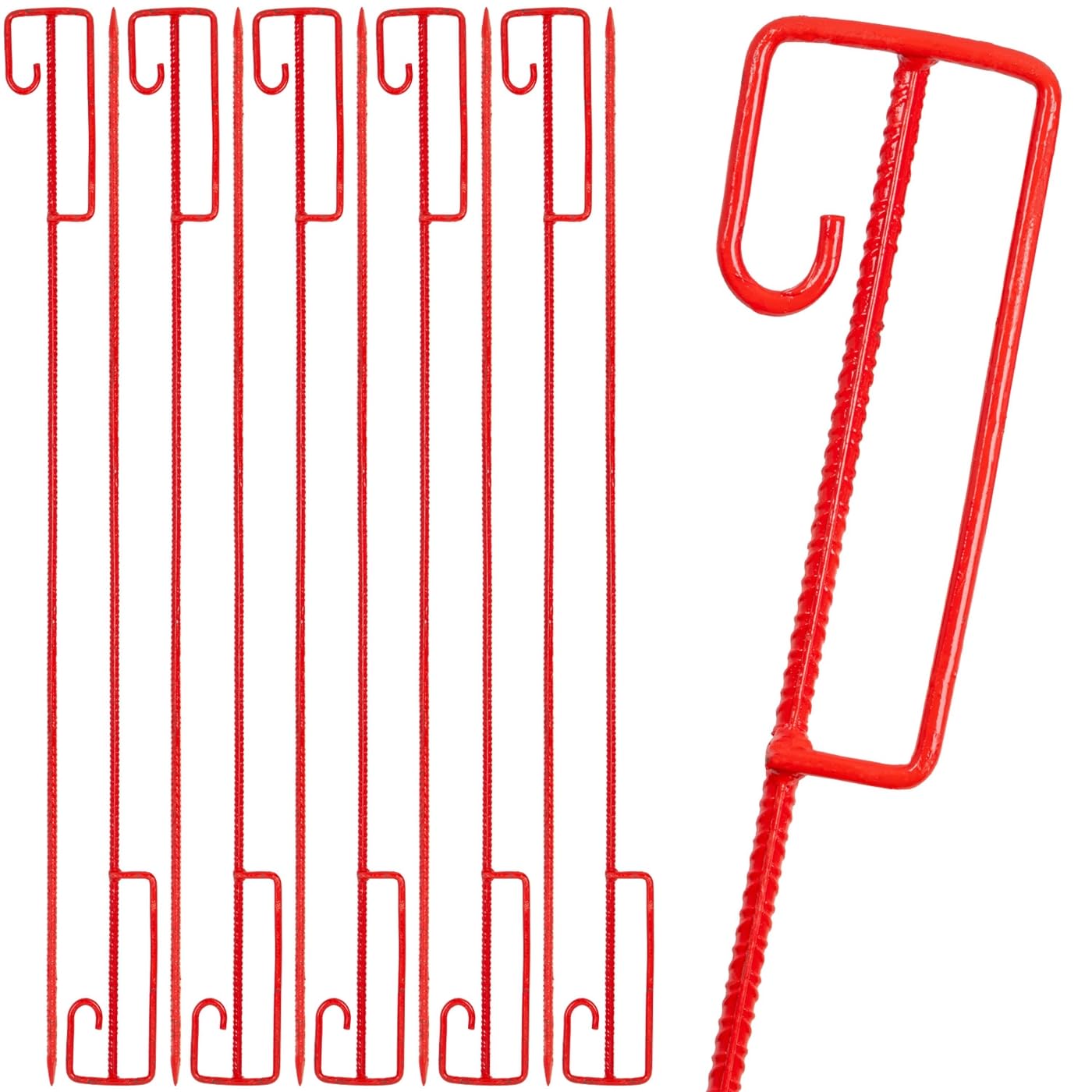 VOSS.farming 10x Laterneneisen, Pfahl mit UVV-Sicherheitsbügel, Halter für Absperrband, Ø12mm Riffelstahl, 145cm Länge, rot lackiert