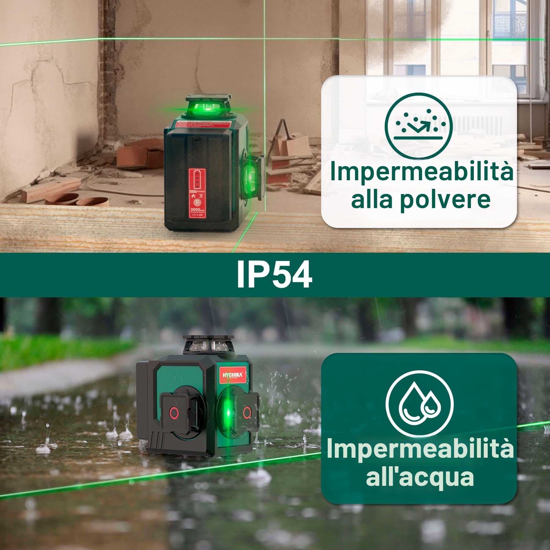 HYCHIKA Livella Laser Autolivellante 3x360°, Livello Laser con Treppiede, 2 x 3000mAh Batterie, 1 Cavo di Ricarica, 2 Borse in Tessuto e 1 Telecomando, IP54