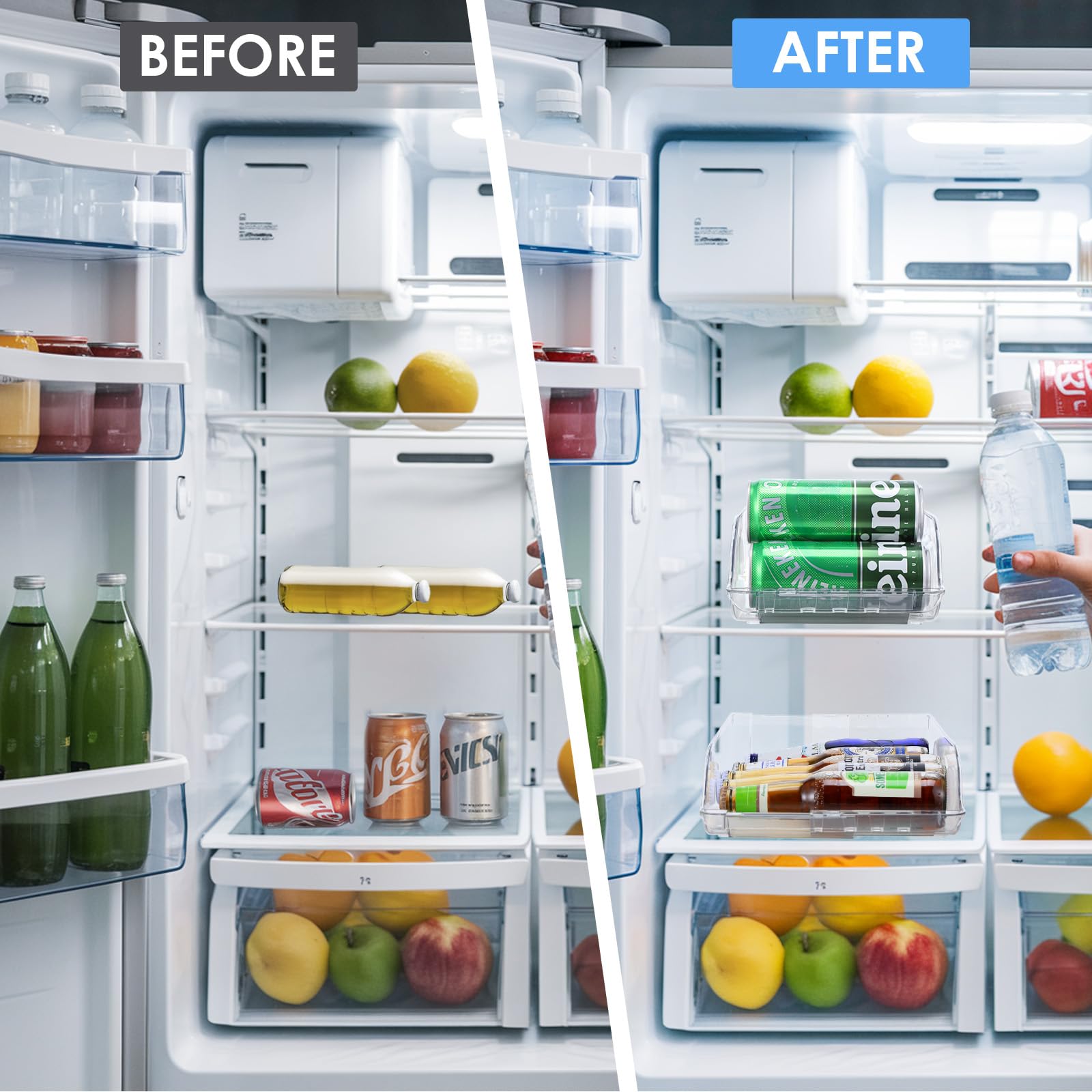 Paquete de 2 organizadores de latas de refrescos de ancho transparente ajustable para refrigerador, dispensador de latas de refresco expandible para cerveza, refrescos, seltzer, pop, organizador para