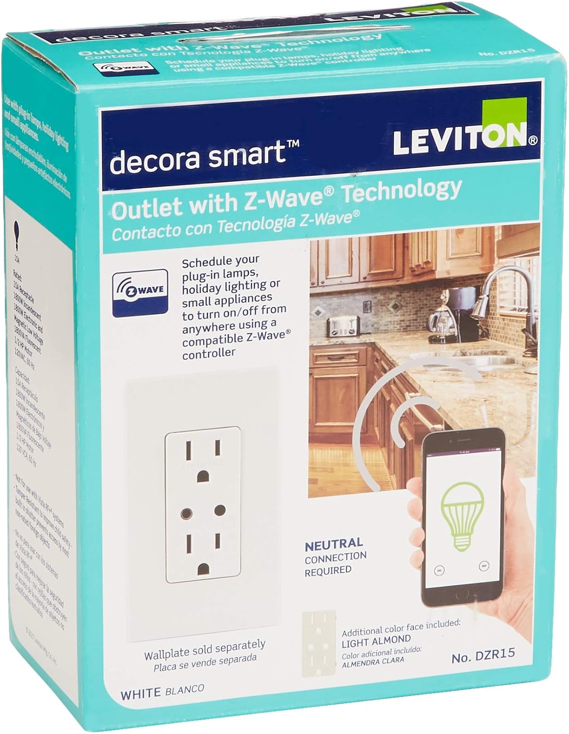 Leviton DZR15-1RZ Decora Z-Wave Controls 15-Amp Tamper Resistant Split Duplex Receptacle, White/Ivory/Light Almond