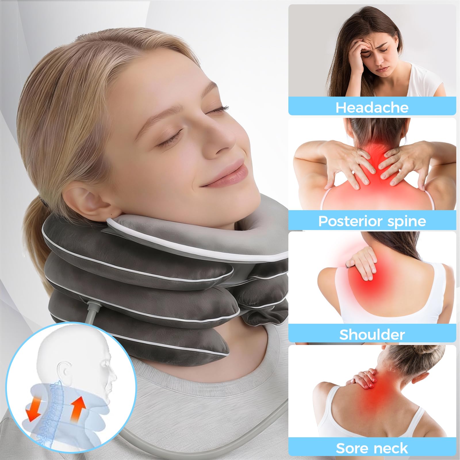 Coussin de nuque gonflable pour traction cervicale avec design d'étirement à 3 couches et design de soutien du menton, Coussin de nuque ergonomique portable avec pompe à air
