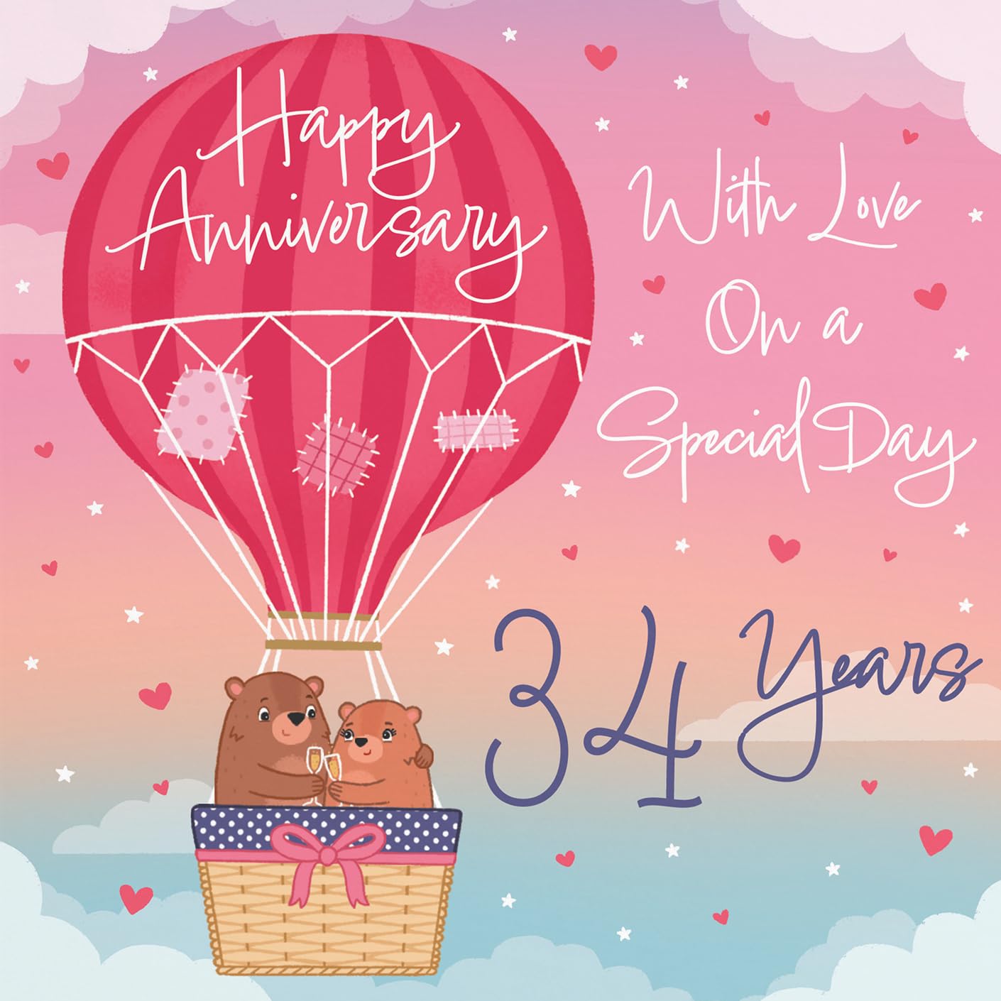 Hunts England, Hot Air Balloon 34th Anniversary Card For Him/Her, Cute Bears Collection - Image 2