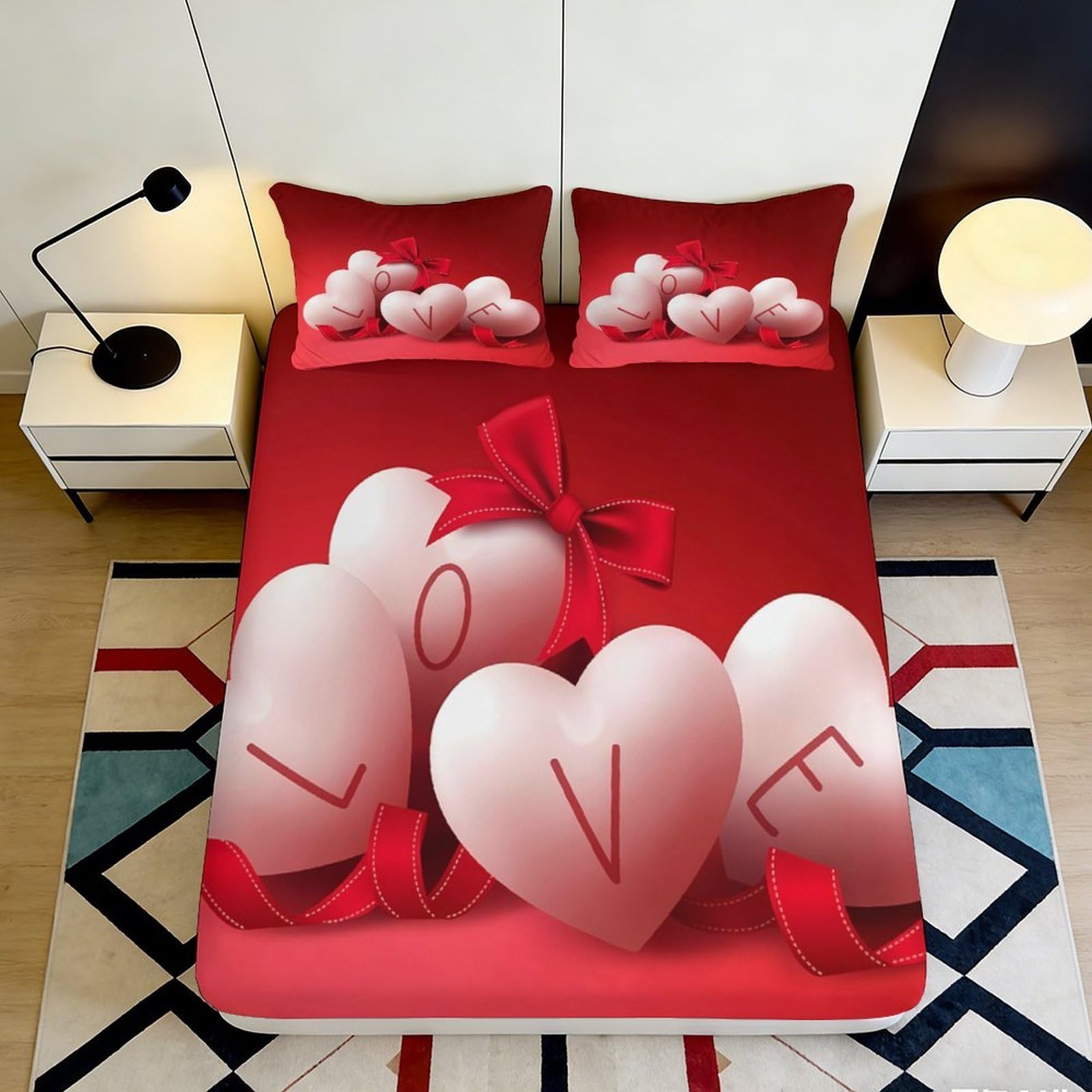 Kzqnxhjprl Style-9 3D Printed Romantic Heart Love Fitted Sheet Microfiber Soft Red Bedroom Decor Mattress Cover Anti-Slip Washable 90X200x25cm