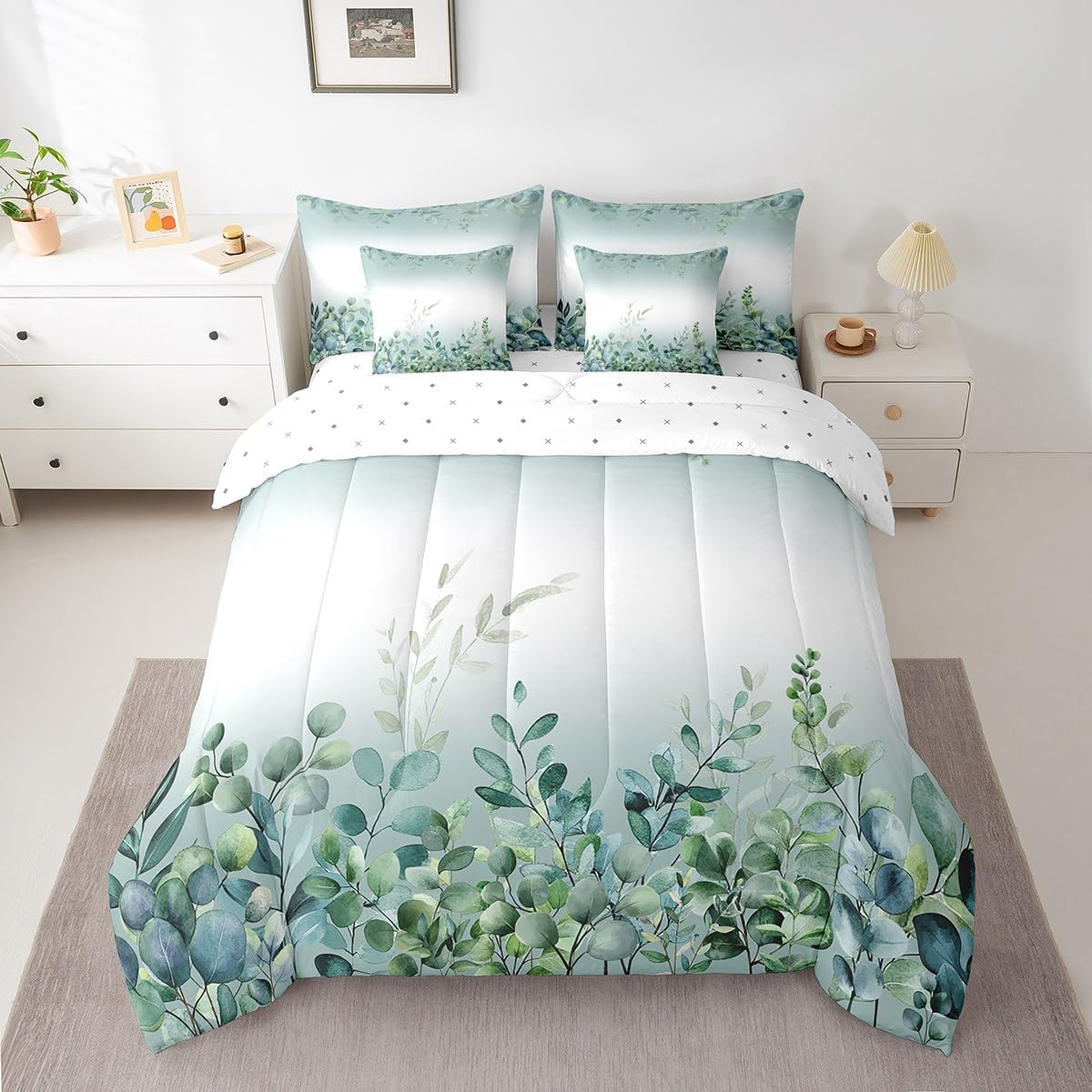 Erosebridal Sage Green Eucalyptus Bedding Rustic Farmhouse Queen Comforter Set with Sheets 7 Piece Watercolor Botanical Leaves Bed in A Bag for Kids Adults Eucalyptus Plants Country Bed Set