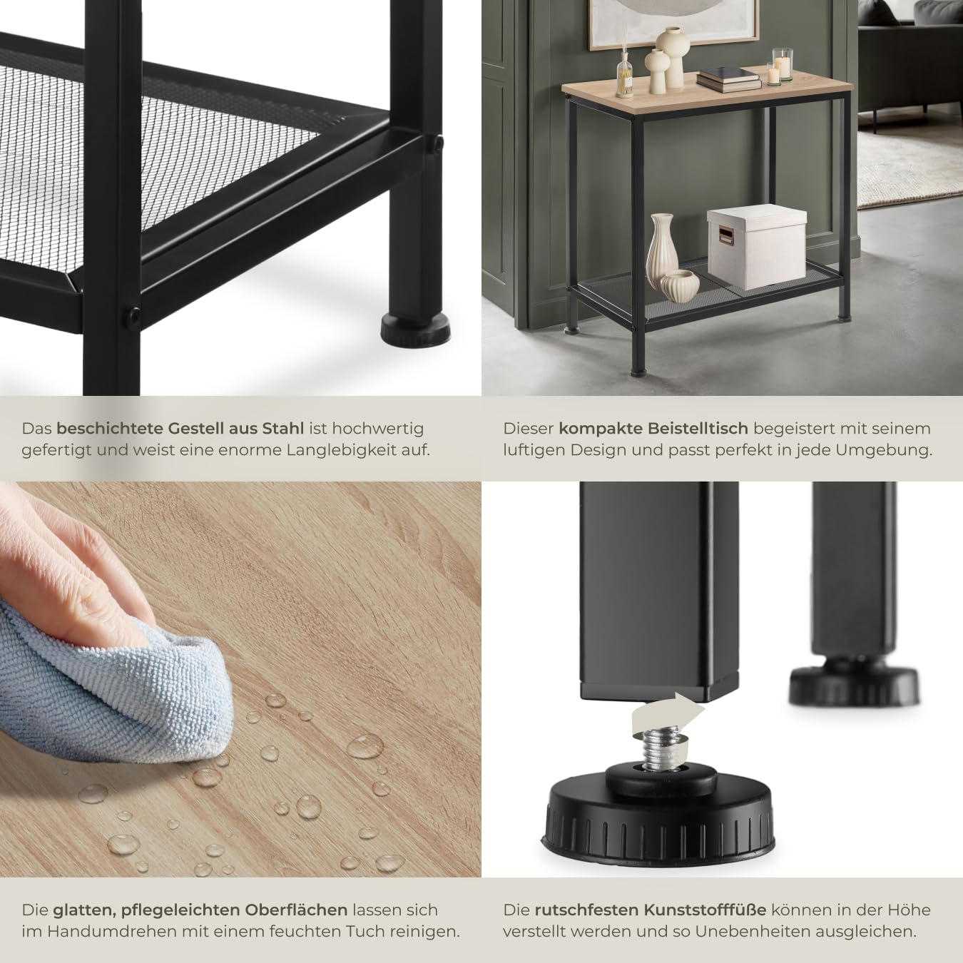 tectake® Beistelltisch Holz + Metall, Nachttisch schmal, Couchtisch mit Gitterablage, Konsolentisch, Tisch Wohnzimmer, Deko Schlafzimmer, Blumenständer - Industrial Holz hell, Eiche Sonoma