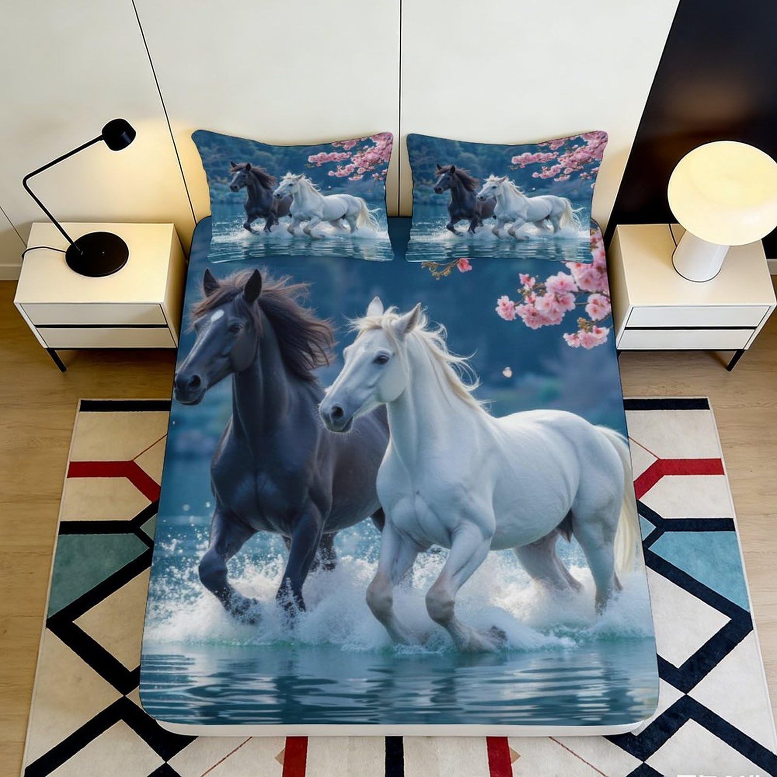 3D Printed Galloping Horse Fitted Sheet Microfiber Deep Pocket Non-Slip Bedroom Bedding for Adults Galloping Horse Mattress Fitted Cover Washable 140x200x25cm