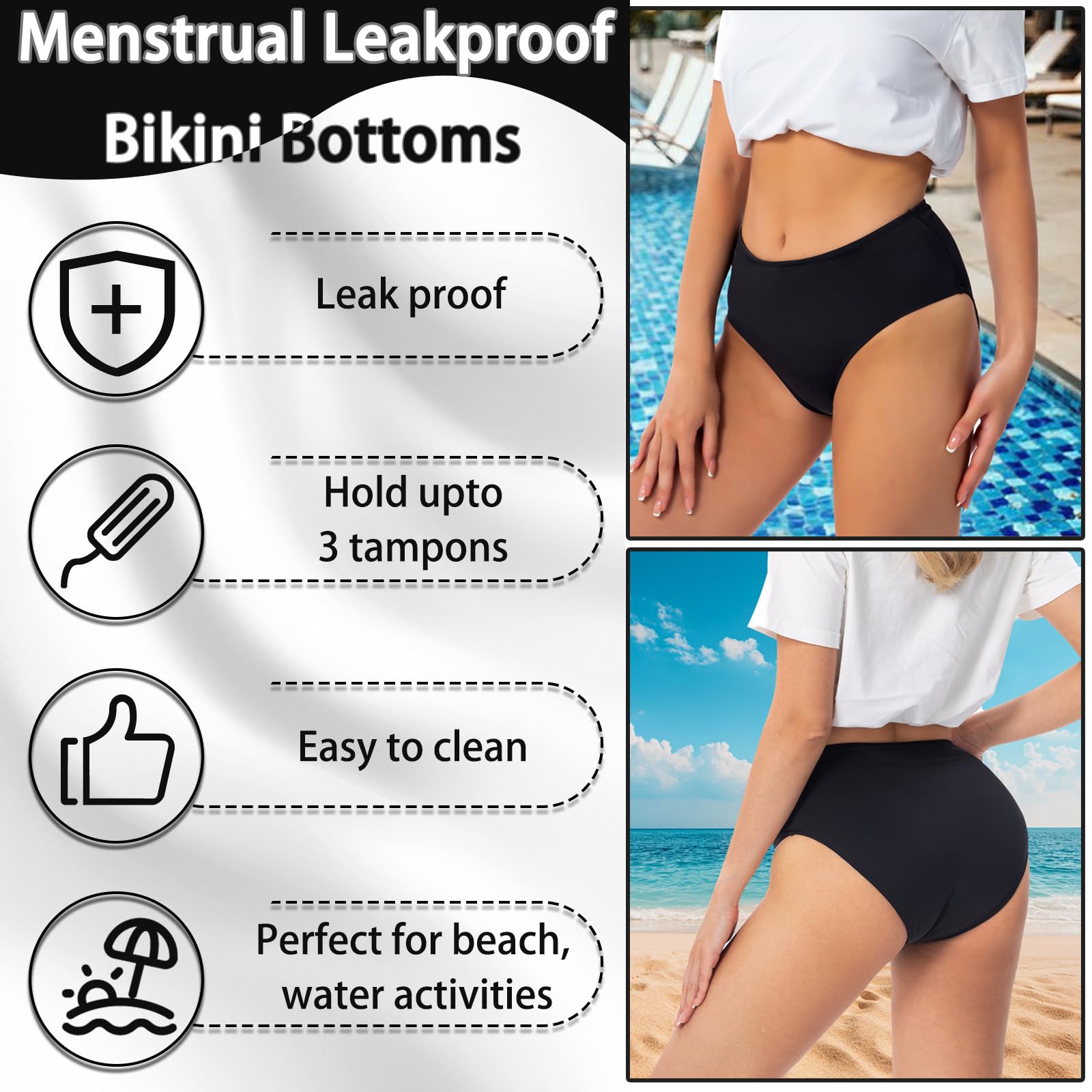 Bragas de Bikini menstruales Impermeables sin Costuras Anti Fugas para Piscina Playa Mujeres Negro