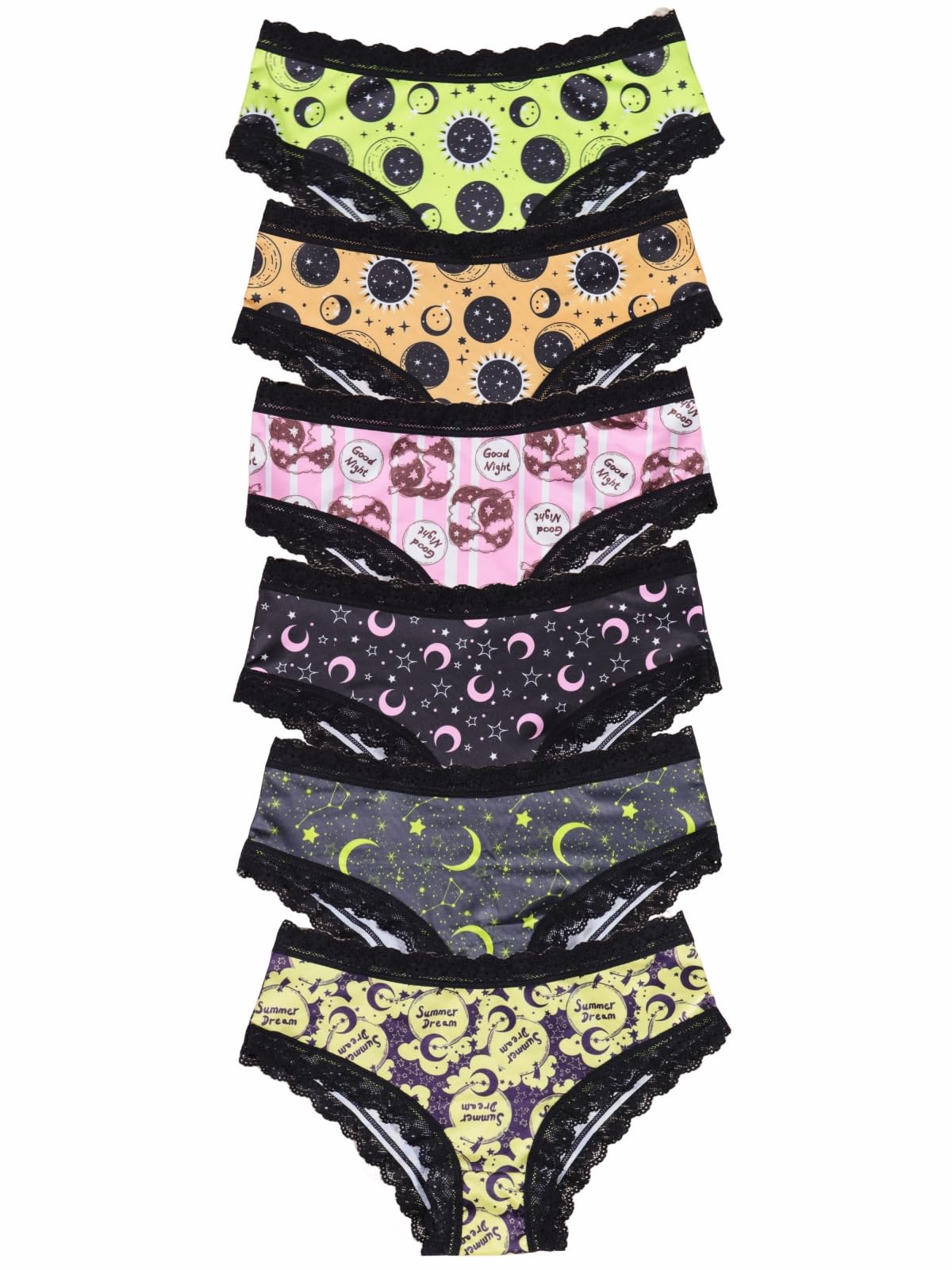 Morvia 6pcs Women Underwear Gothic Sexy Halloween Skulls Roses Allover Print Contrast Lace Hipsters Panties: XX-Large 6pcs Moon & Stars Print