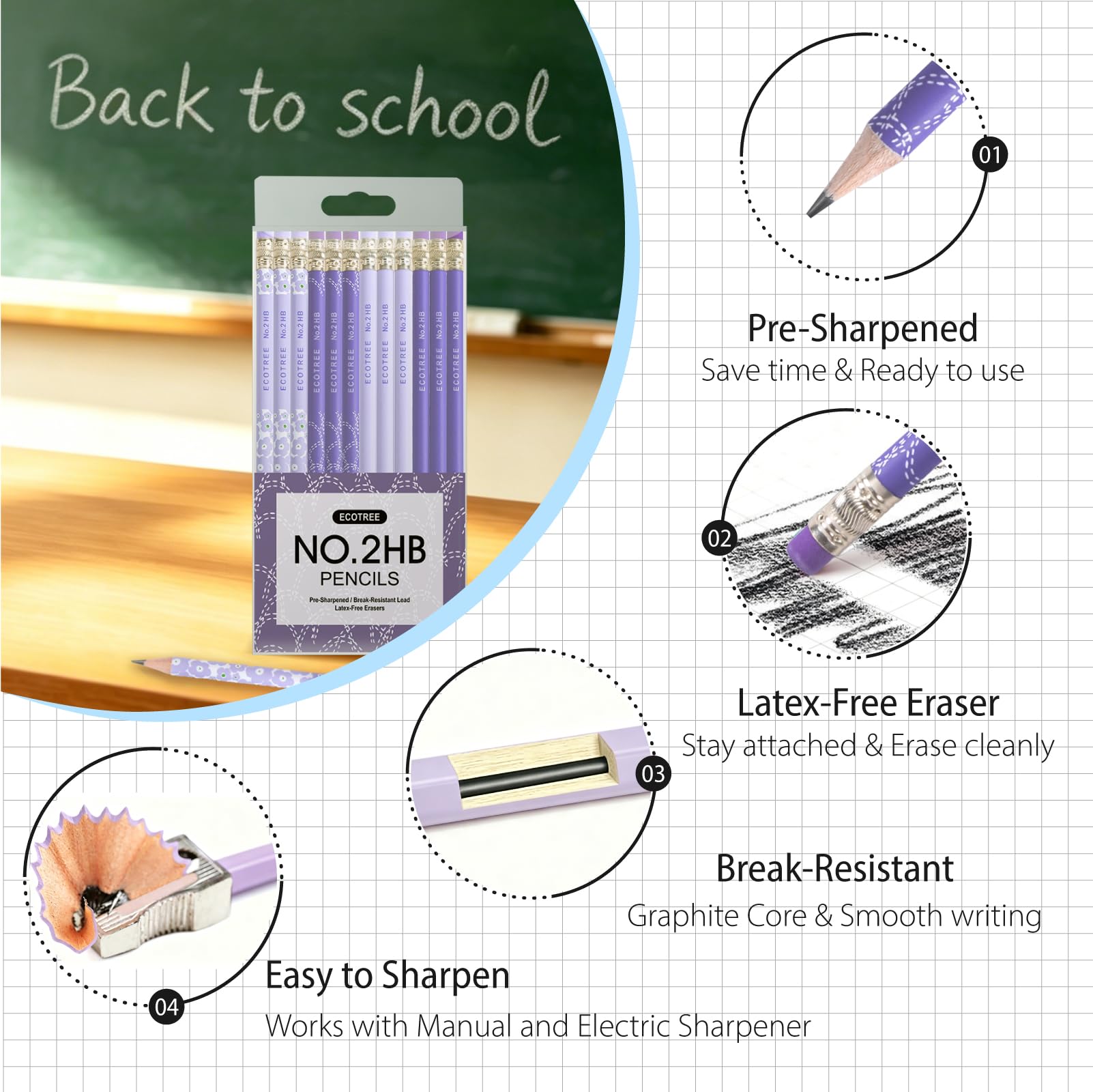 ECOTREE Bleistifte #2 vorgespitzte Bleistifte für Kinder, Nummer 2, Bleistift mit Radiergummis für Schule, Schreiben, 24 Stück
