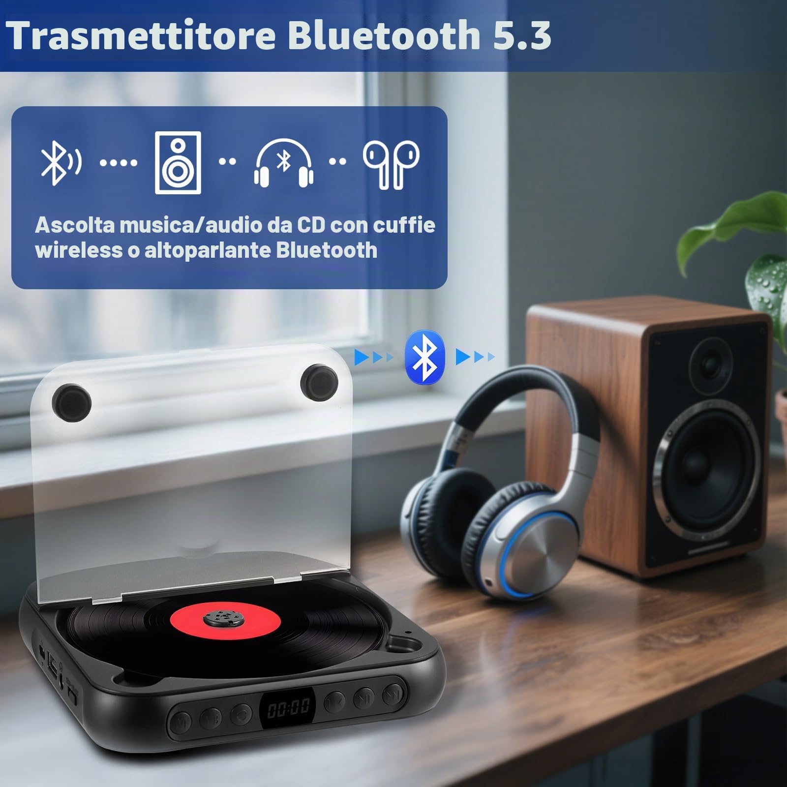 Lettore CD Portatile con Bluetooth 5.3 - Lettore CD per Bambini con Batteria da 2000 mAh, USB, Riproduzione MP3, connessione AUX - incl. Cuffie - per Auto, Viaggi e cameretta dei Bambini