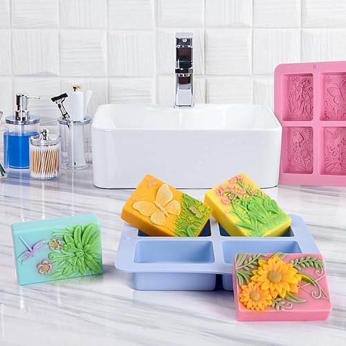 Miniatura 6 de Moukiween Moldes de Jabón de Silicona, Moldes de Insecto Floral Rectangulares 3D de Silicona para Jabón Artesanal, Bombas de Baño, Barras de Azul +