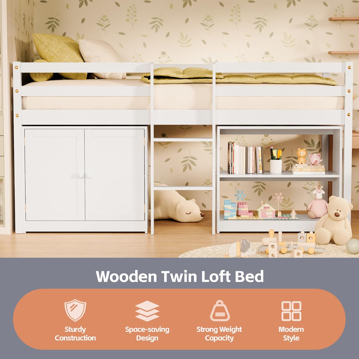 TOLEAD Kids Loft Bed, Twin Loft Bed with Lights, Toddler Loft Bed with 14" H Safety Guardrail, Low Loft Bed with Storage Bookcase and Under-Bed Play Space, Modern Low Loft Beds for Boys Girls (White)