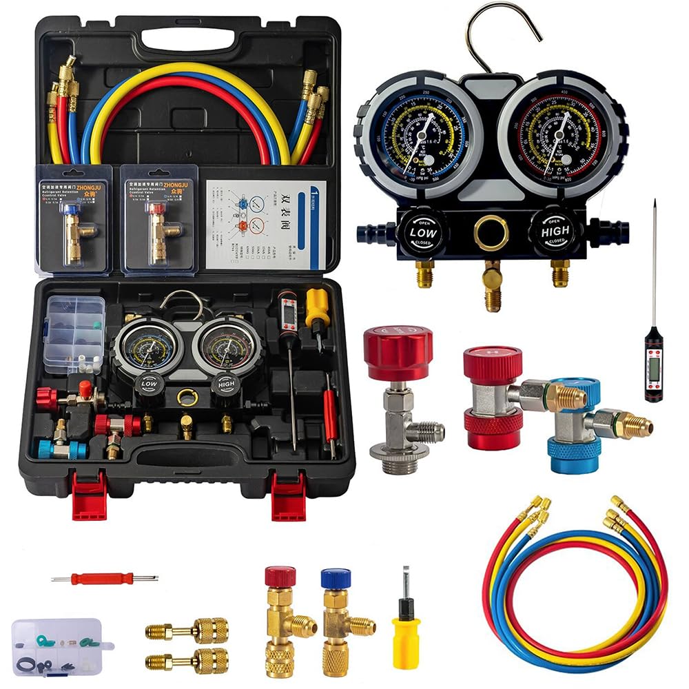 HEYOUTH Set Manometri Condizionatori 3Vie, Kit Ricarica Aria Condizionata Auto,con 3 * 1.5mKit Tubo e Gancio per Gas Refrigerante | Attrezzo per Officine e Riparazioni Auto, Furgoni, Clima Auto