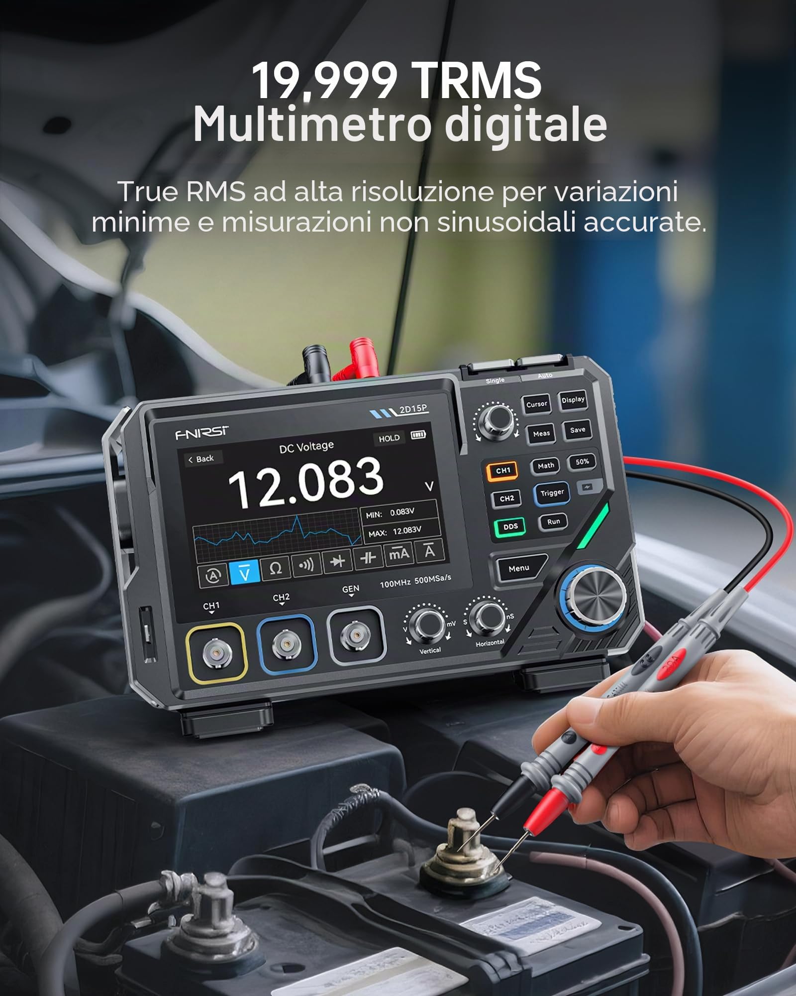 FNIRSI 2D15P 100MHz Digitale Oscilloscopio Multimetro Generatore di Segnale DDS 3in1, Multimetro a 2CH per L'industria Auto, 19.999 TRMS, Frequenza di Campionamento 500MS/s, Touchscreen da 4,3 Pollici