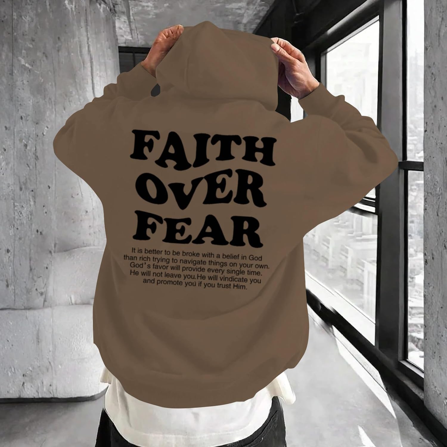 Faith Over Fear Hoodie Men Christian Jesus Sweatshirts Bible Verse Graphic Hoodies Inspirational Streetwear Pullover